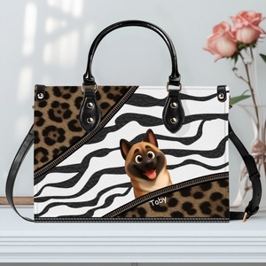 Leopard & Stripe Inspired Dog Peek Handbag – Personalized Dog Illustration - 89Prints