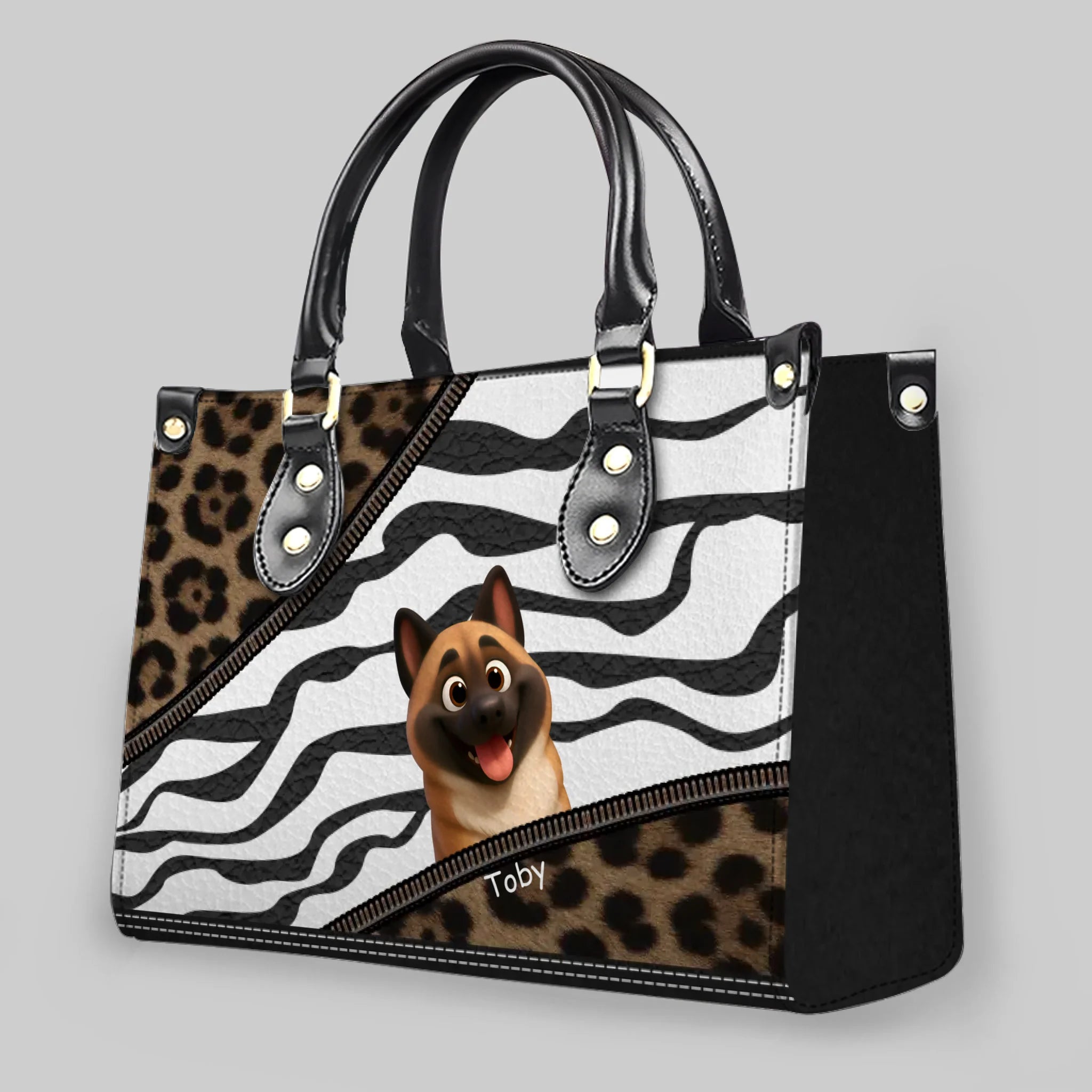Leopard & Stripe Inspired Dog Peek Handbag – Personalized Dog Illustration - 89Prints