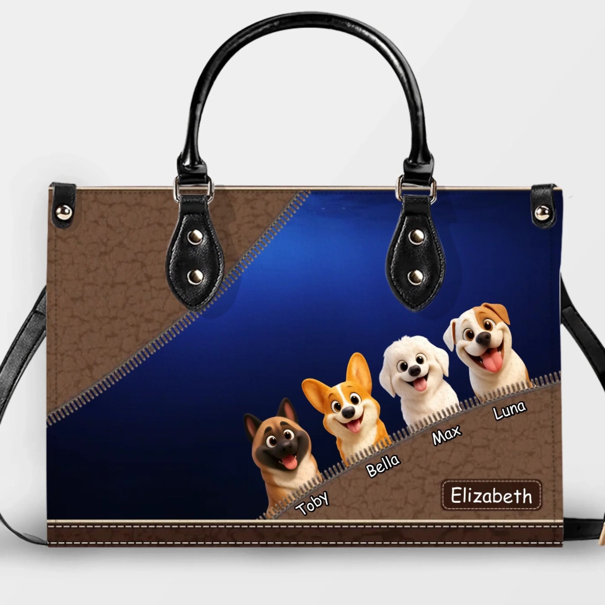 Layered Zipper Dogs Line Design Handbag – Custom Dog Illustration & Name - 89Prints