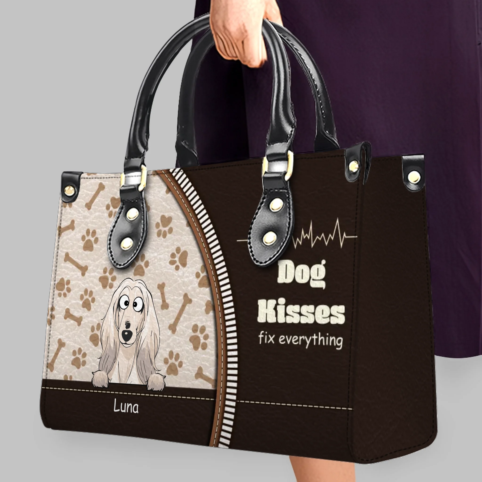 Dog Kisses Fix Everything Quote & Paw Pattern Handbag – Exclusive Dog Art & Names - 89Prints