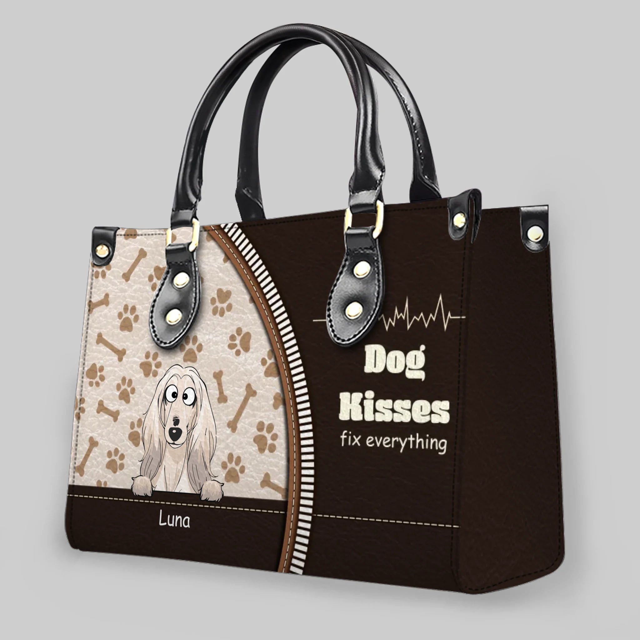 Dog Kisses Fix Everything Quote & Paw Pattern Handbag – Exclusive Dog Art & Names - 89Prints