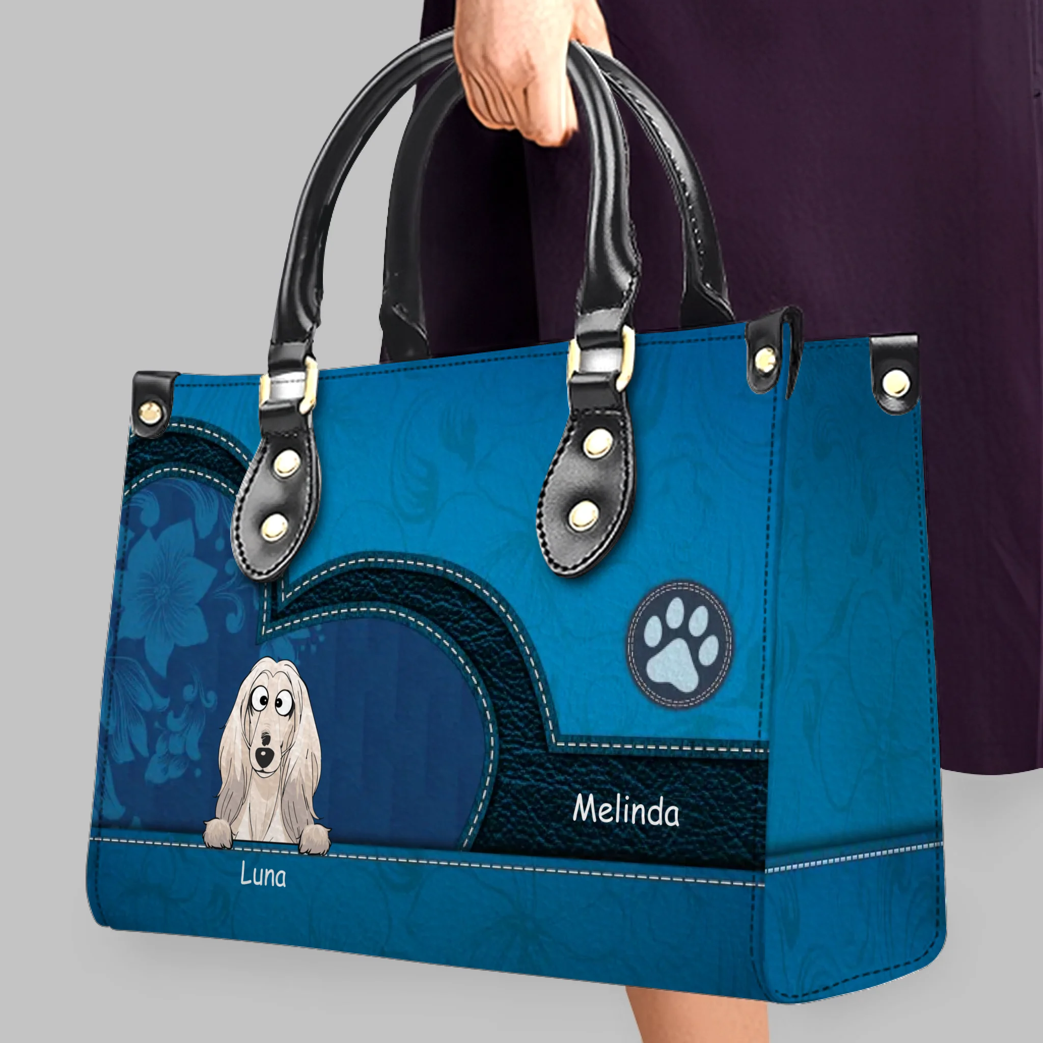 Heart-Shaped Patch & Paw Badge Handbag – Personalized Dog Art & Name - 89Prints