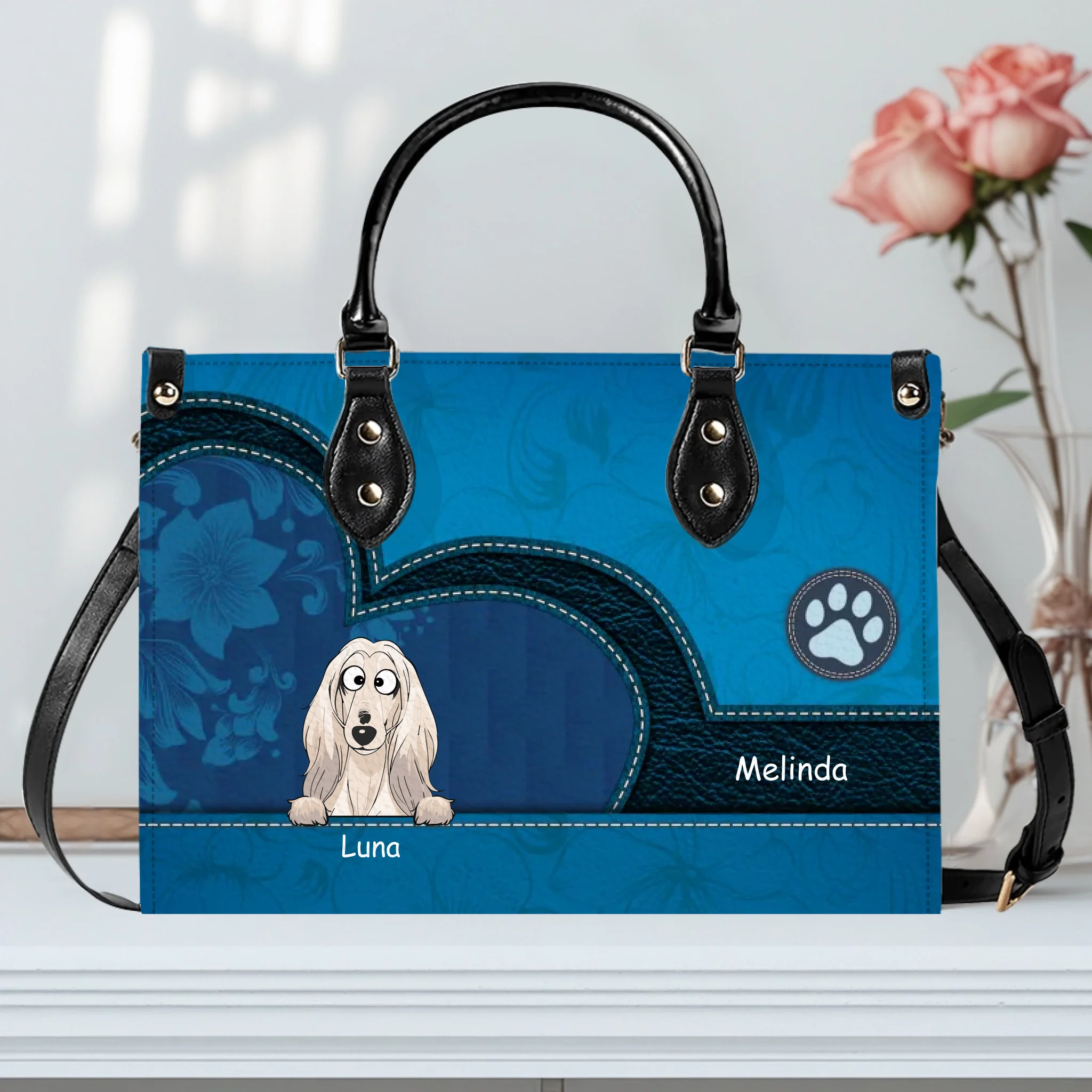 Heart-Shaped Patch & Paw Badge Handbag – Personalized Dog Art & Name - 89Prints