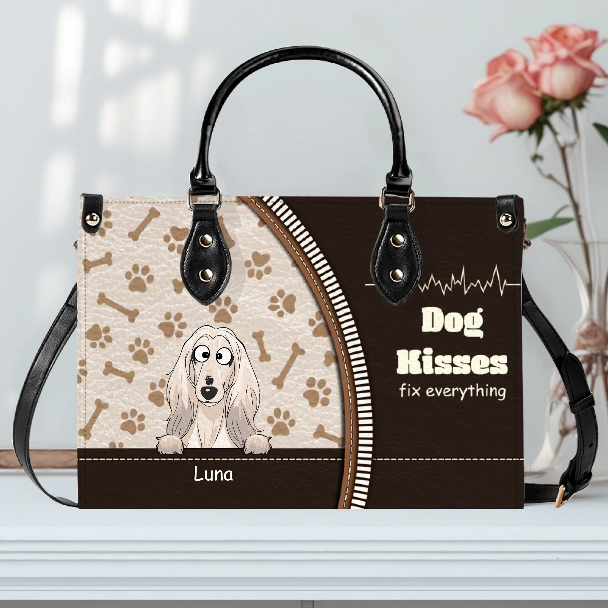 Dog Kisses Fix Everything Quote & Paw Pattern Handbag – Exclusive Dog Art & Names - 89Prints