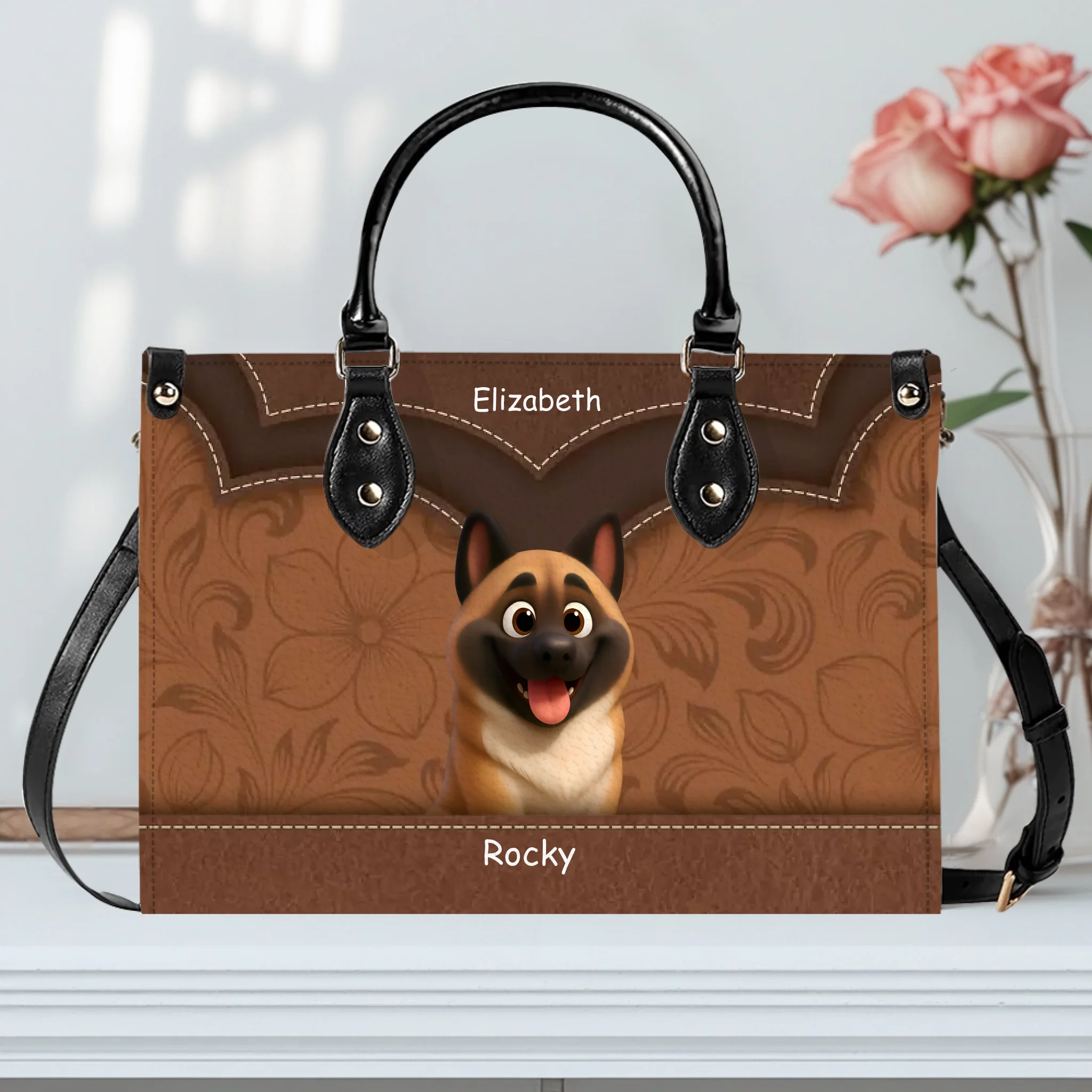 Layered Heart Stitch Artwork Handbag – Personalized Name & Dog Art Gift for Dog Lovers - 89Prints