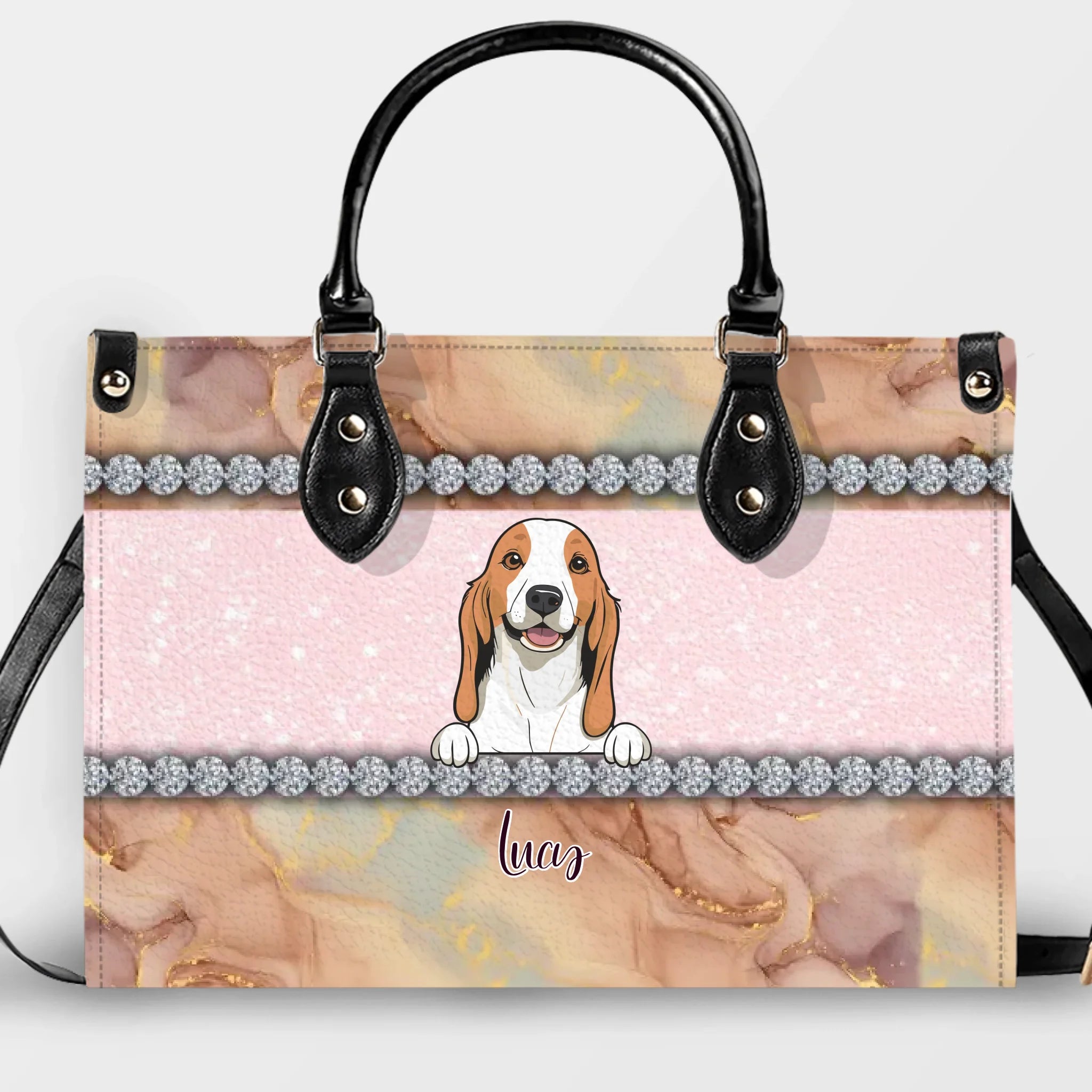 Marble Texture & Crystal Trim Pet Artwork Handbag – Custom Dog Art & Name Gift for Dog Owners - 89Prints