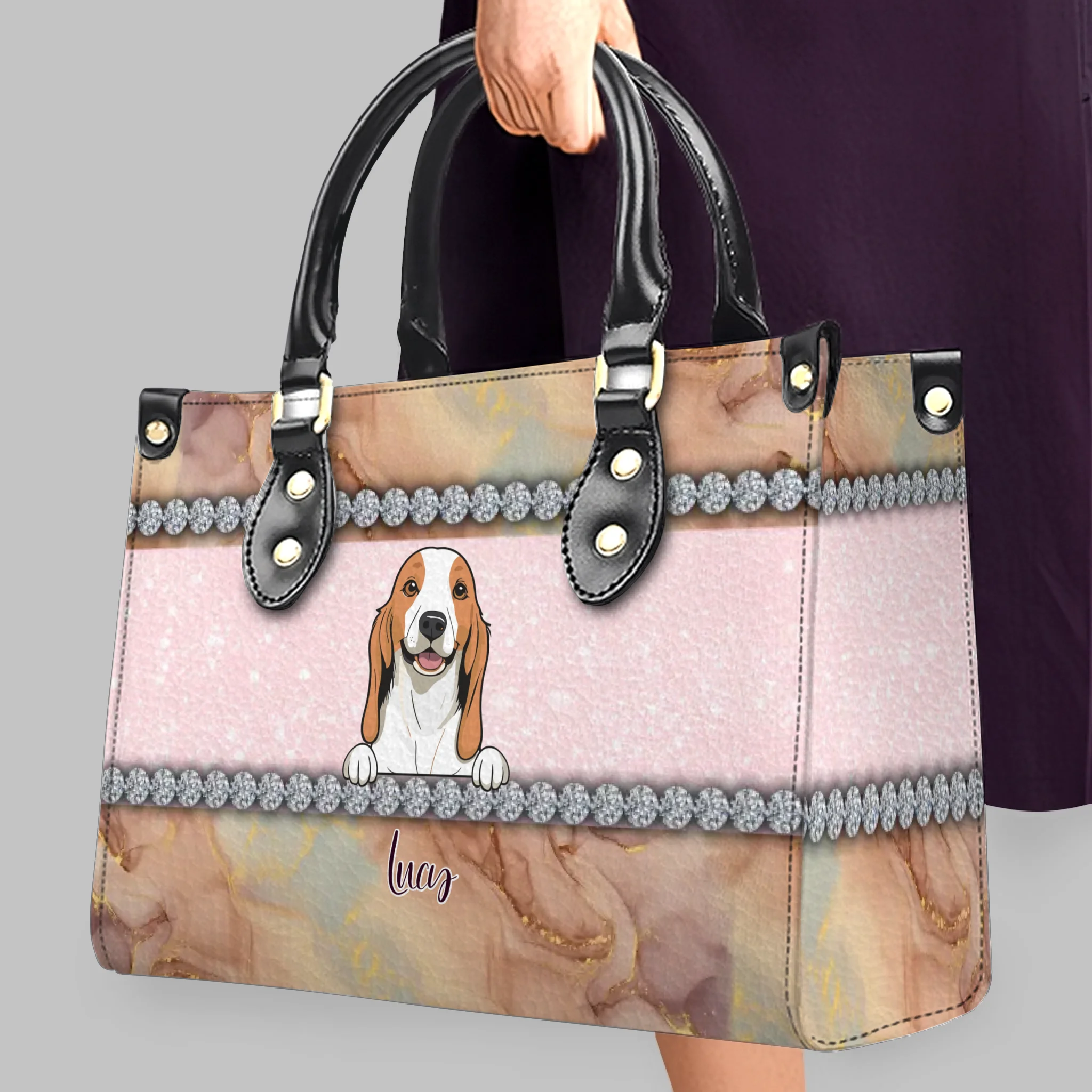 Marble Texture & Crystal Trim Pet Artwork Handbag – Custom Dog Art & Name Gift for Dog Owners - 89Prints