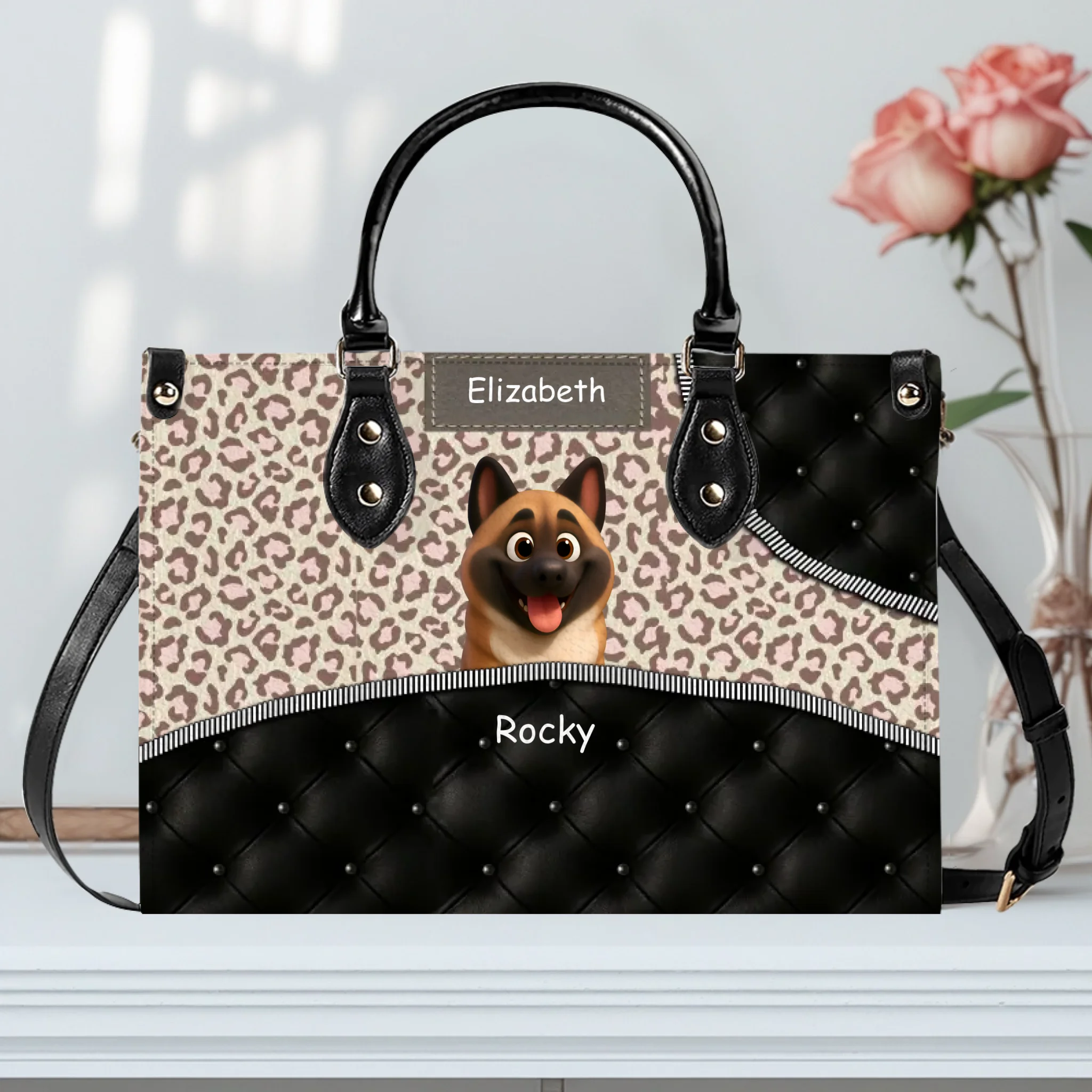 Leopard Pattern Quilted Panel Handbag – Unique Dog Art & Name Gift for Dog Lovers - 89Prints
