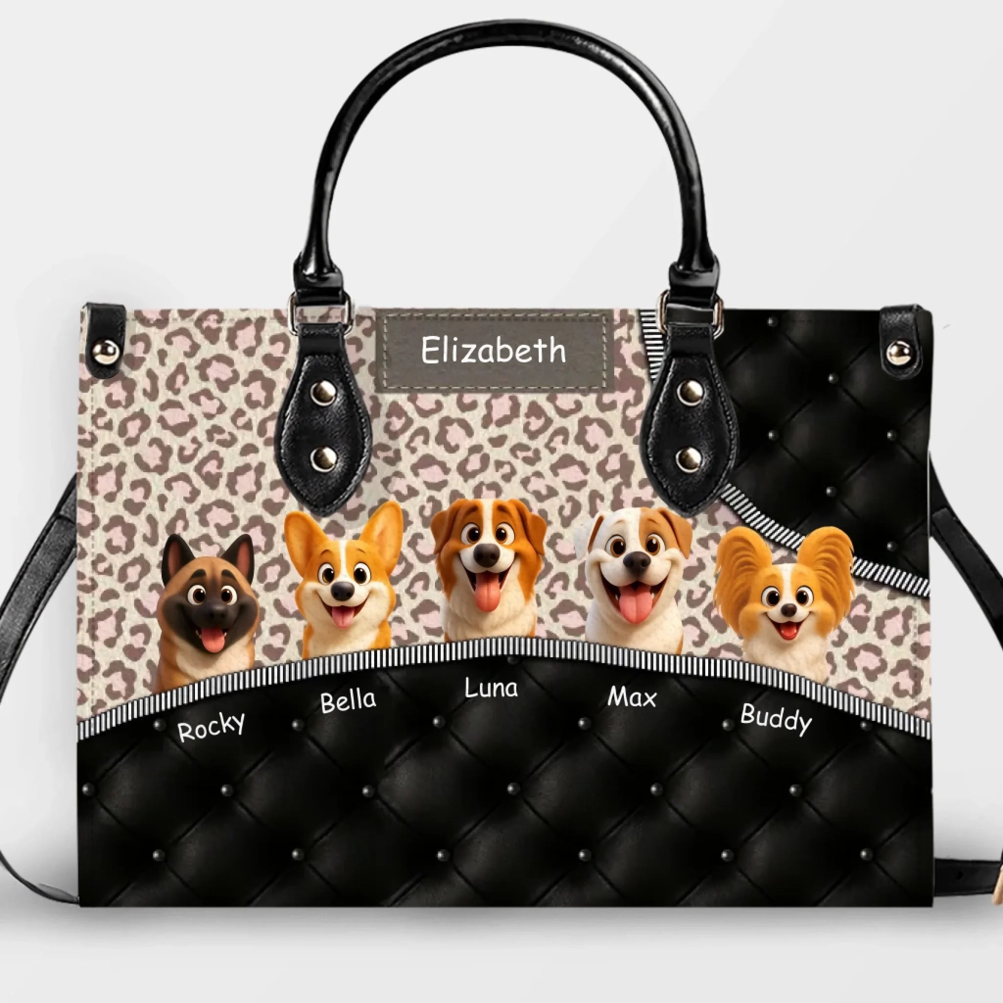 Leopard Pattern Quilted Panel Handbag – Unique Dog Art & Name Gift for Dog Lovers - 89Prints
