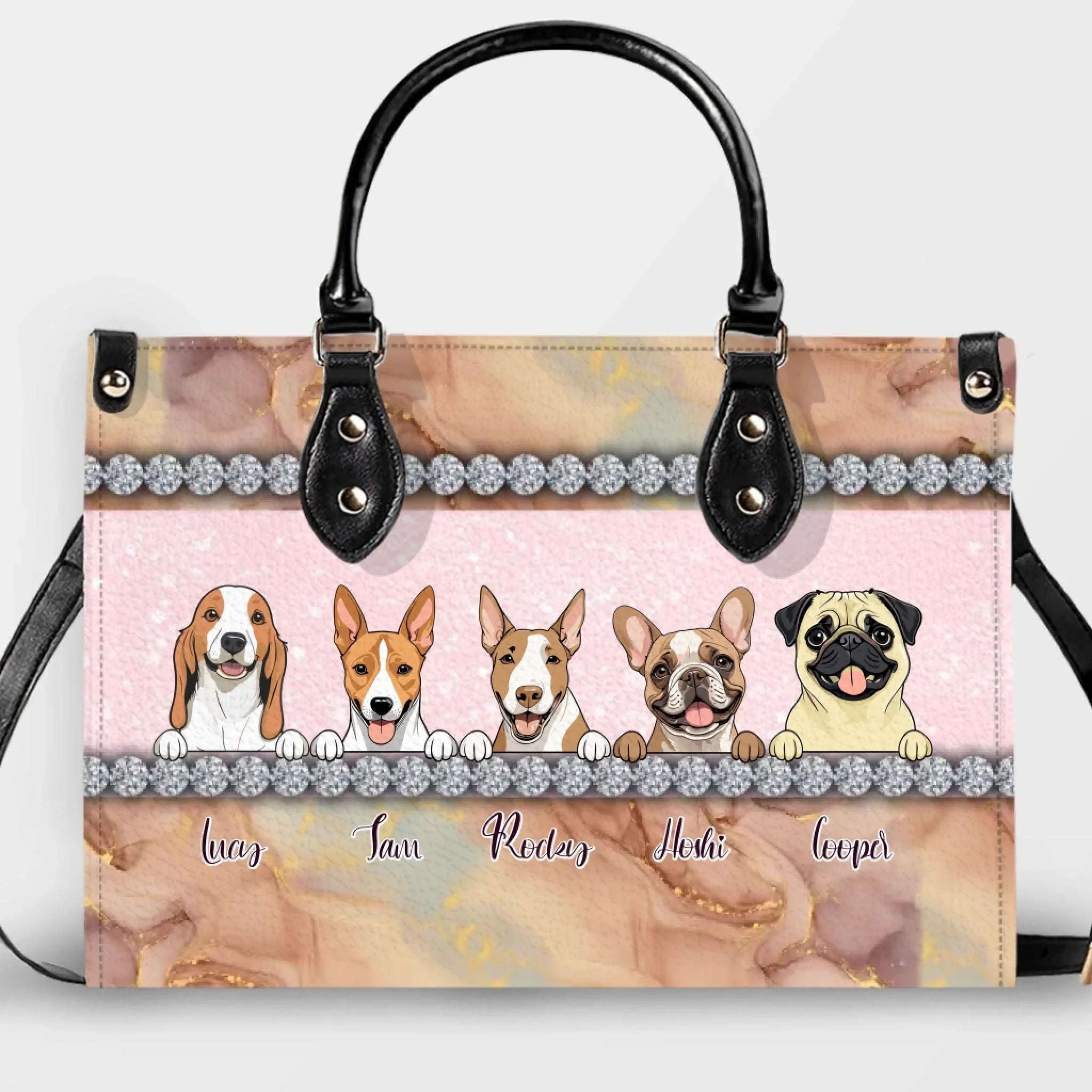 Marble Texture & Crystal Trim Pet Artwork Handbag – Custom Dog Art & Name Gift for Dog Owners - 89Prints