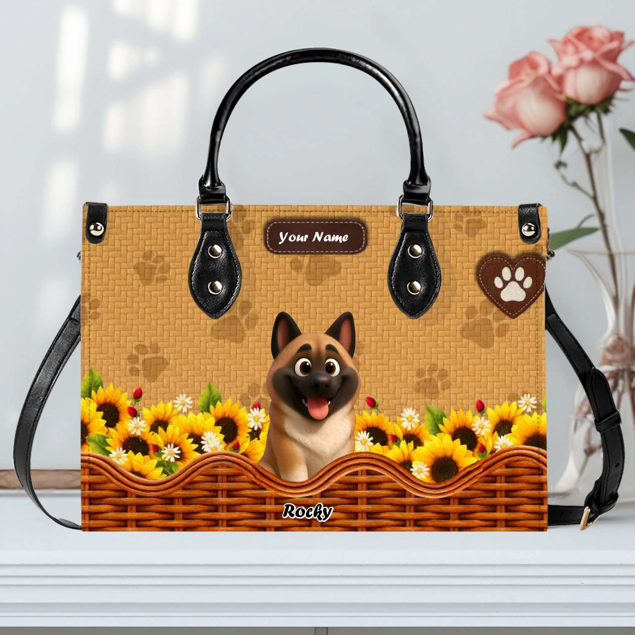 Woven Basket Dog Illustration Handbag – Exclusive Dog Art & Name Gift for Dog Lovers - 89Prints