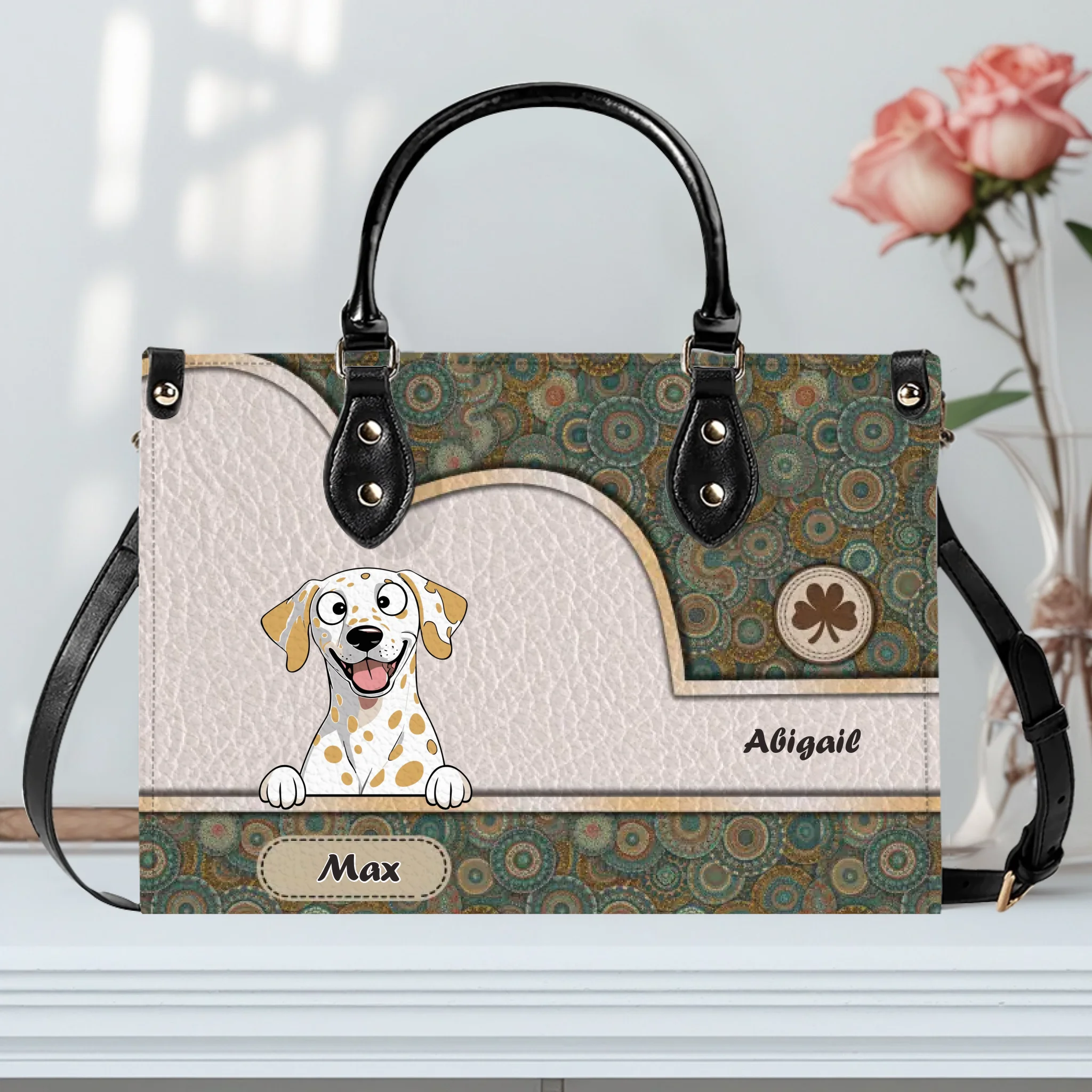Vintage Circle Pattern & Layered Panel Dog Handbag – One-of-a-kind Dog Art & Name - 89Prints