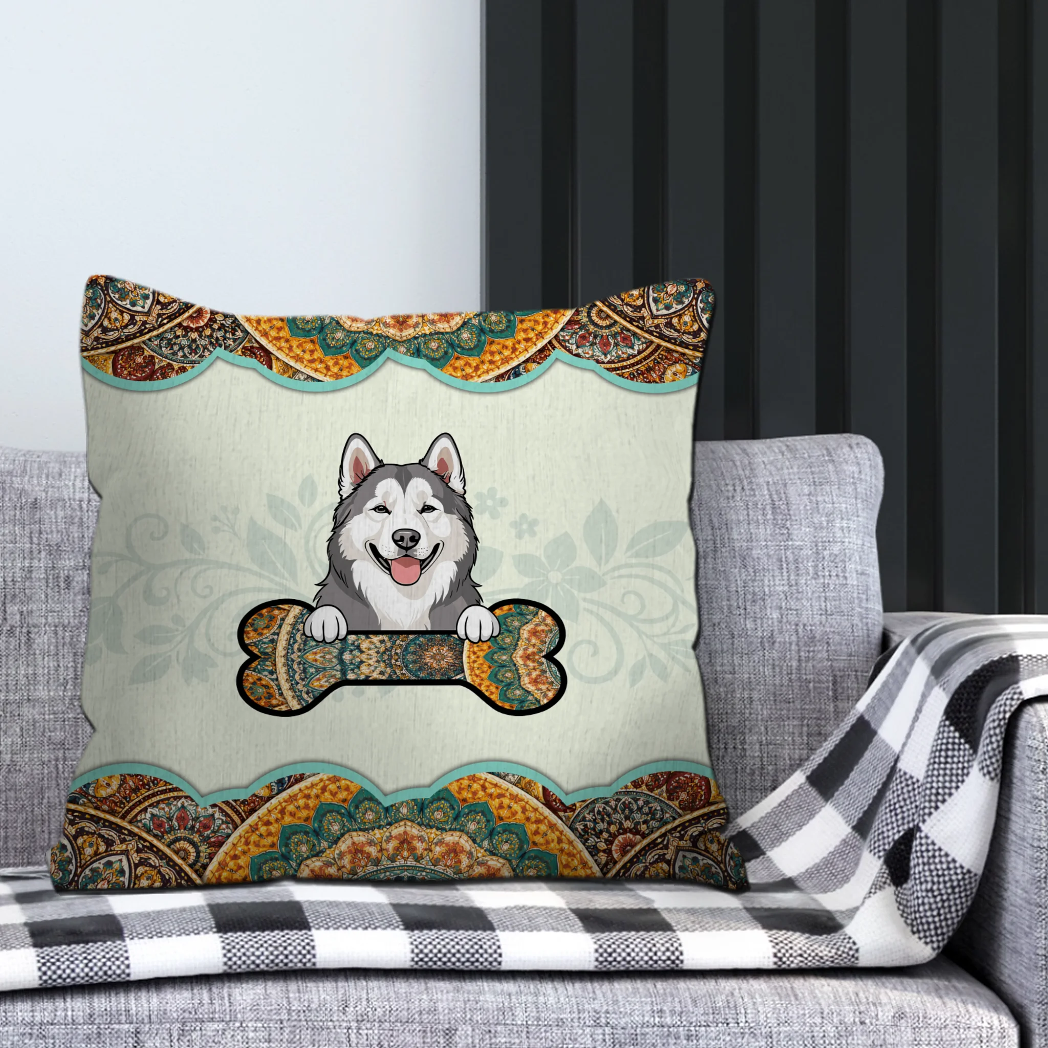 Boho Dog Holding Bone Pillow – Personalized Adorable Gift For Dog Owners – 89Prints