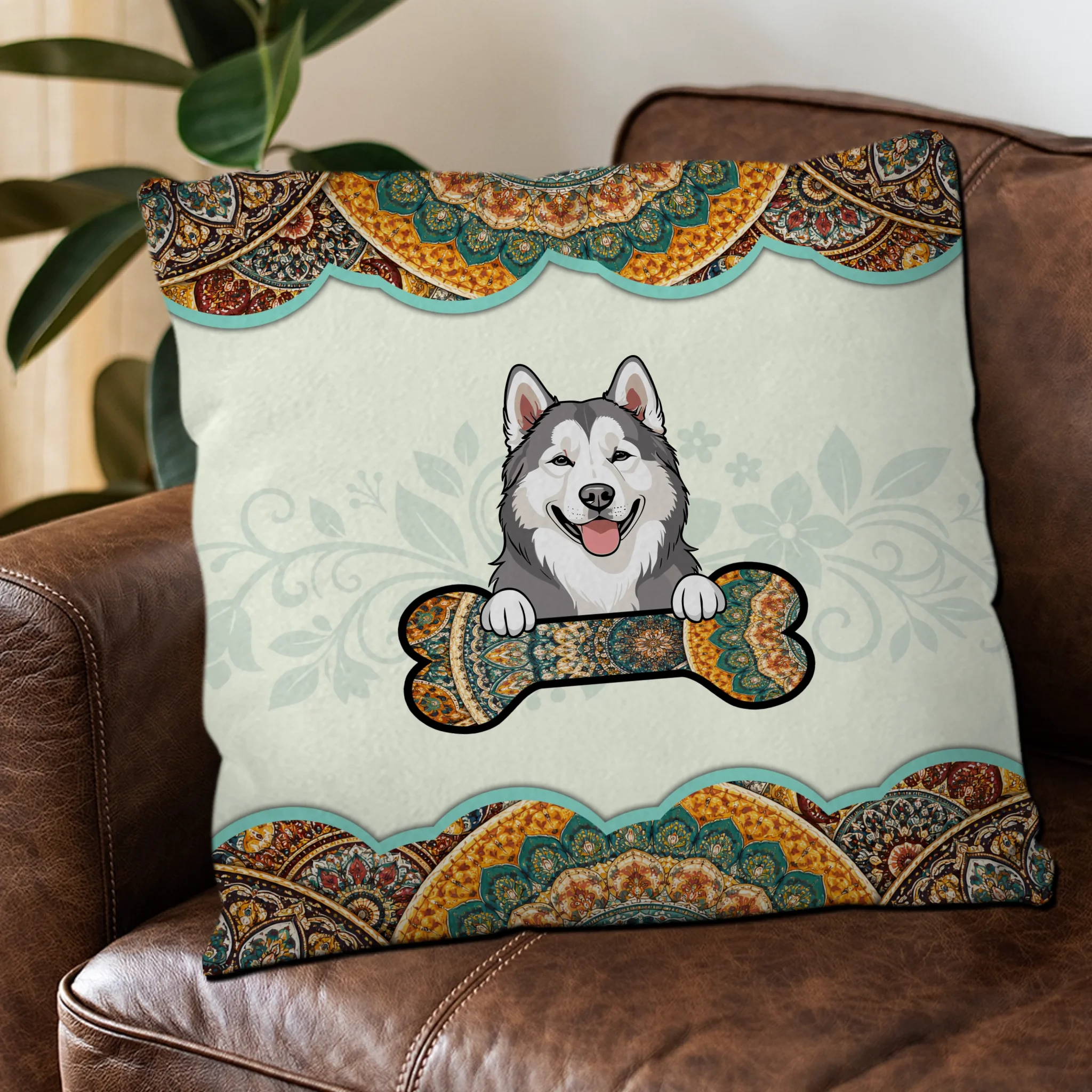 Boho Dog Holding Bone Pillow – Personalized Adorable Gift For Dog Owners – 89Prints