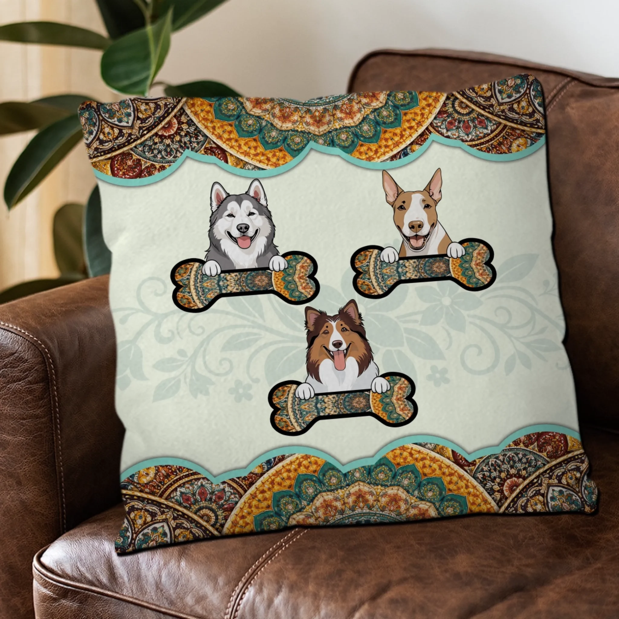 Boho Dog Holding Bone Pillow – Personalized Adorable Gift For Dog Owners – 89Prints