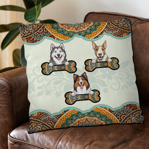 Boho Dog Holding Bone Pillow – Personalized Adorable Gift For Dog Owners – 89Prints