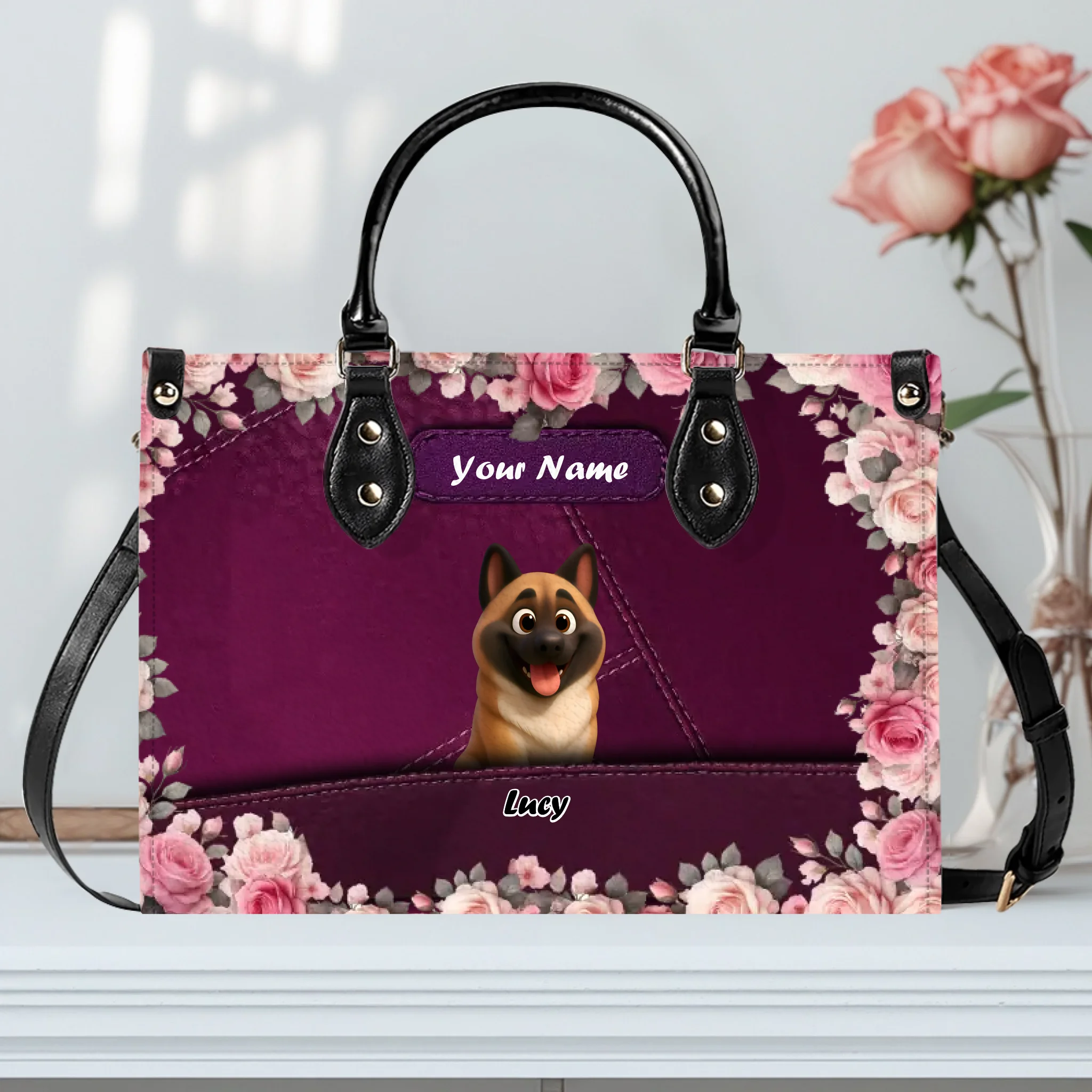 Romantic Floral Frame Dog Handbag – Tailored Dog Art & Name Gift for Dog Lovers - 89Prints
