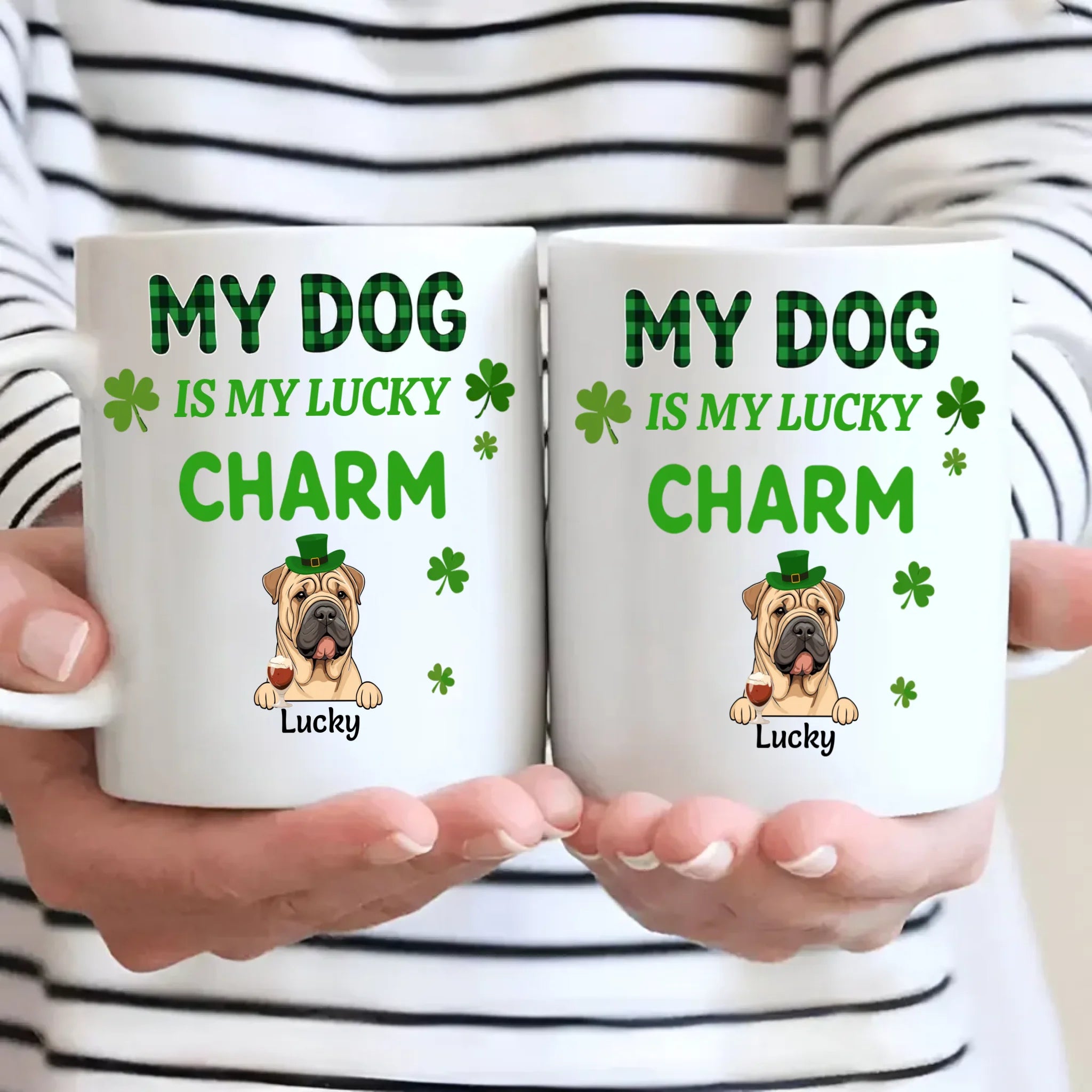 Happy Lucky Dog Mom Personalized Mug with Shamrocks for St. Patrick’s Day - 89Prints