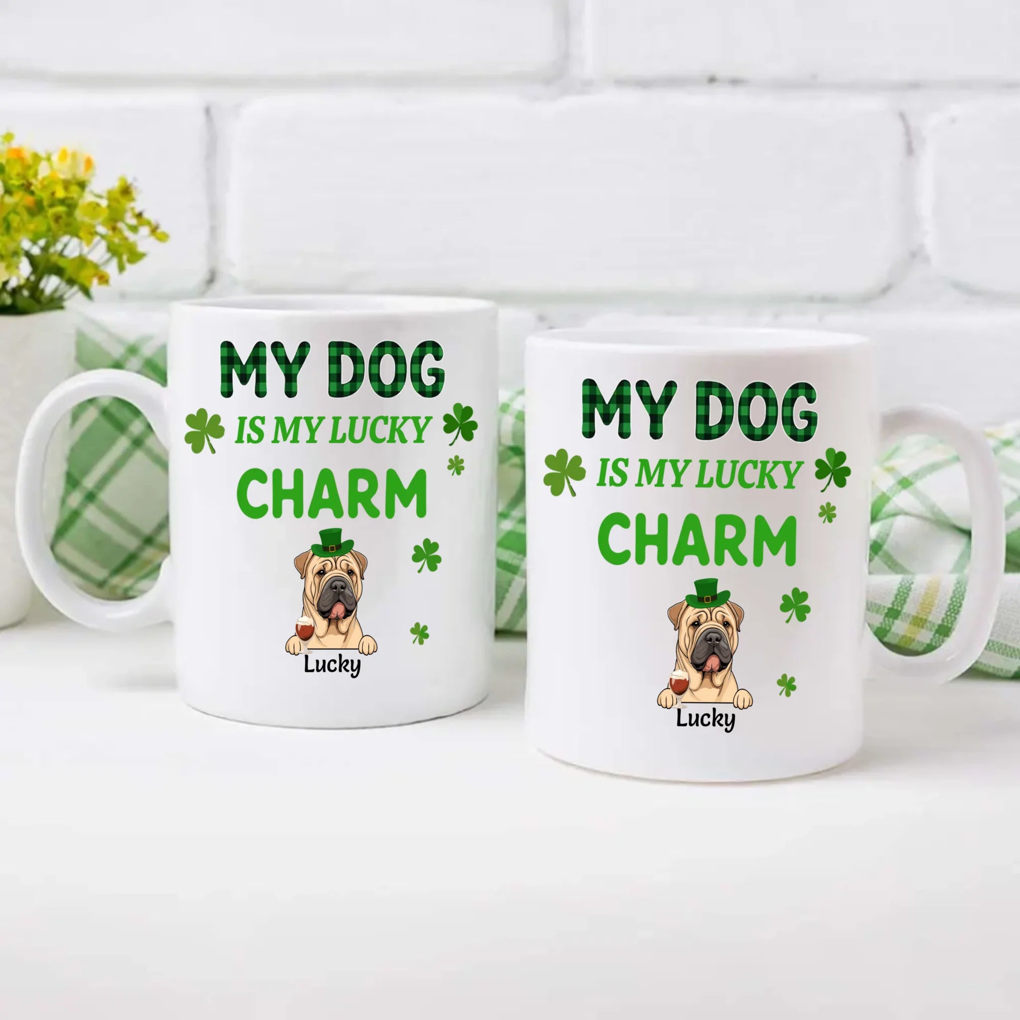 Happy Lucky Dog Mom Personalized Mug with Shamrocks for St. Patrick’s Day - 89Prints