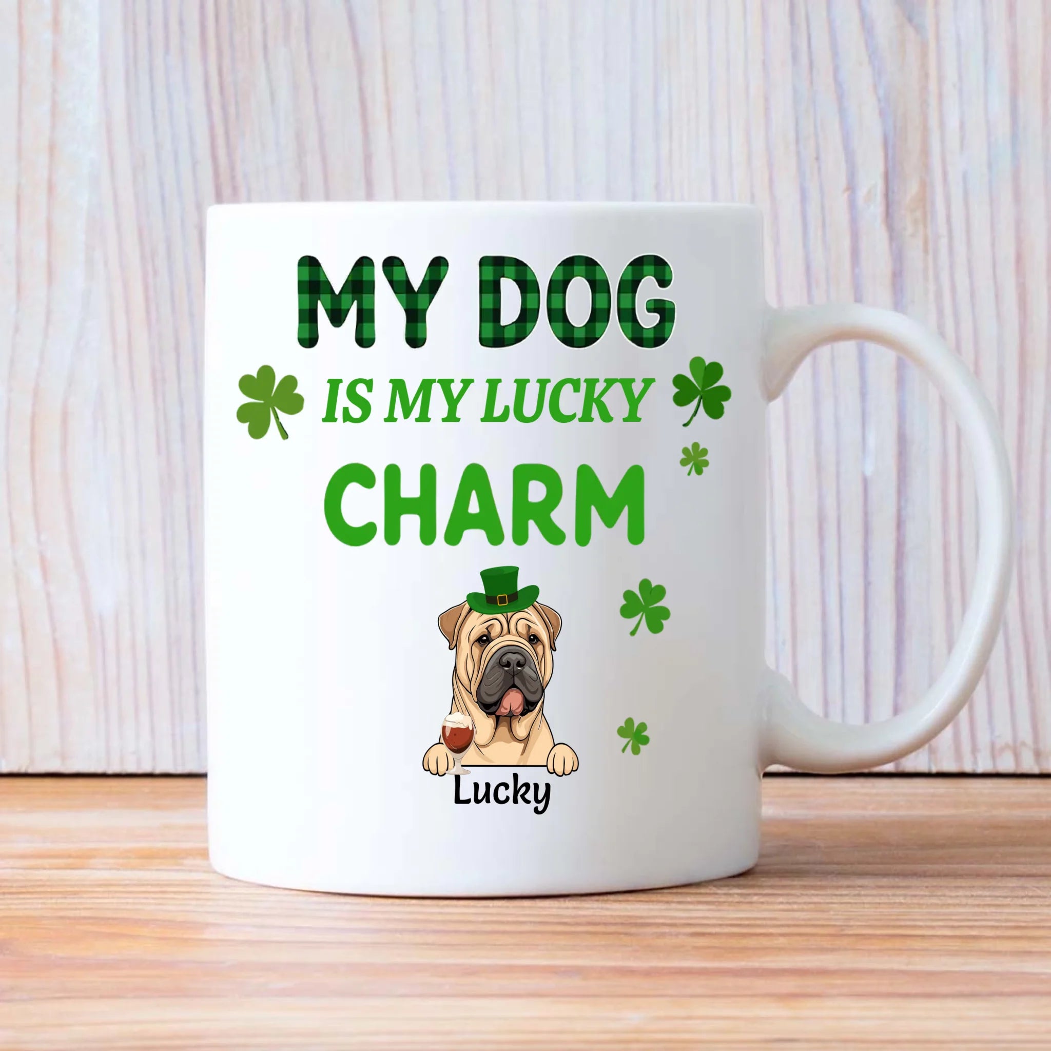 Happy Lucky Dog Mom Personalized Mug with Shamrocks for St. Patrick’s Day - 89Prints