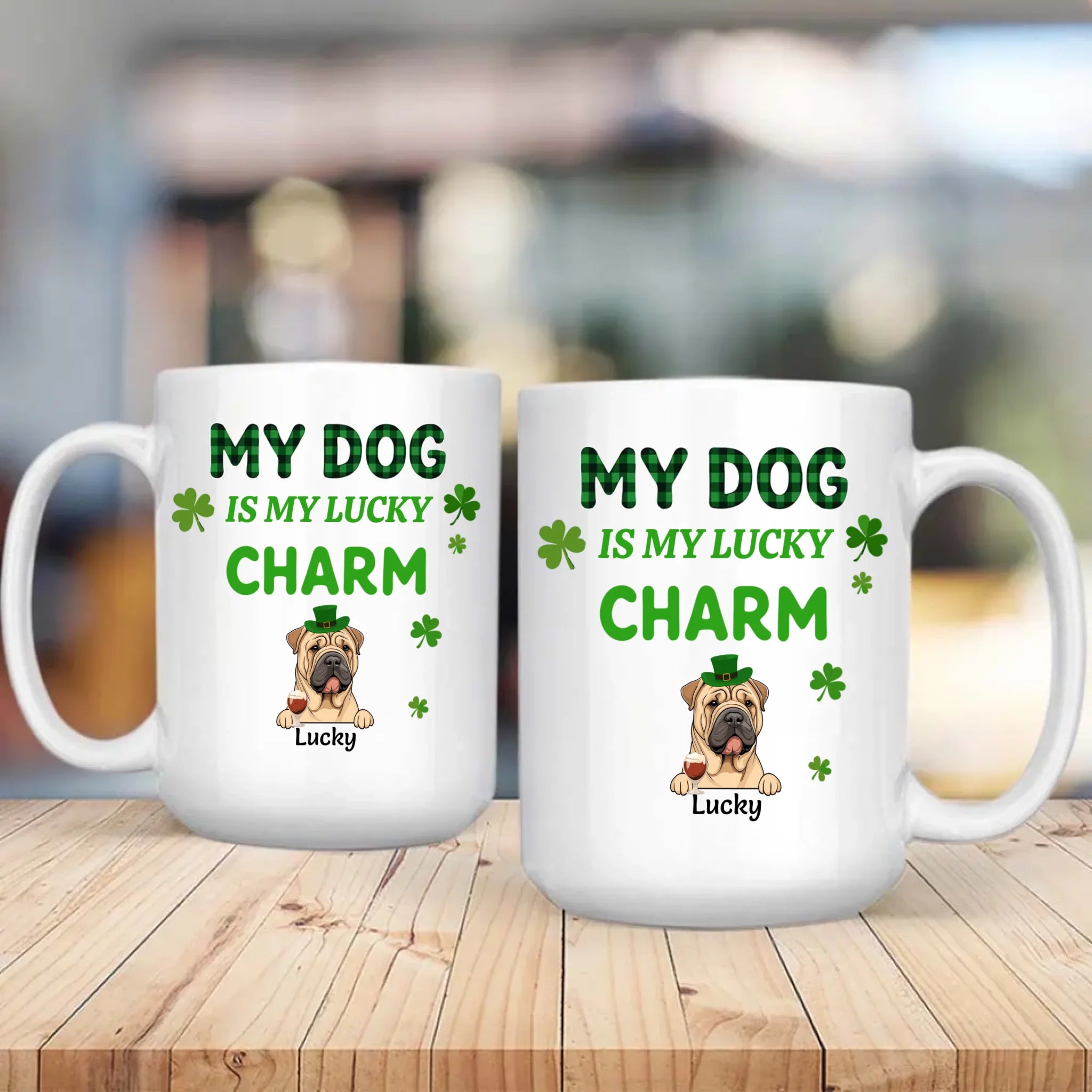 Happy Lucky Dog Mom Personalized Mug with Shamrocks for St. Patrick’s Day - 89Prints