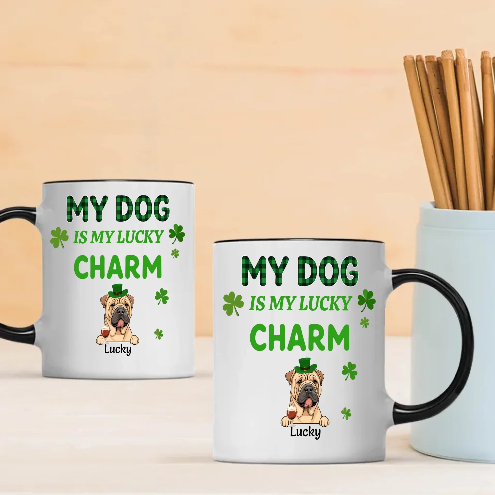 Happy Lucky Dog Mom Personalized Mug with Shamrocks for St. Patrick’s Day - 89Prints