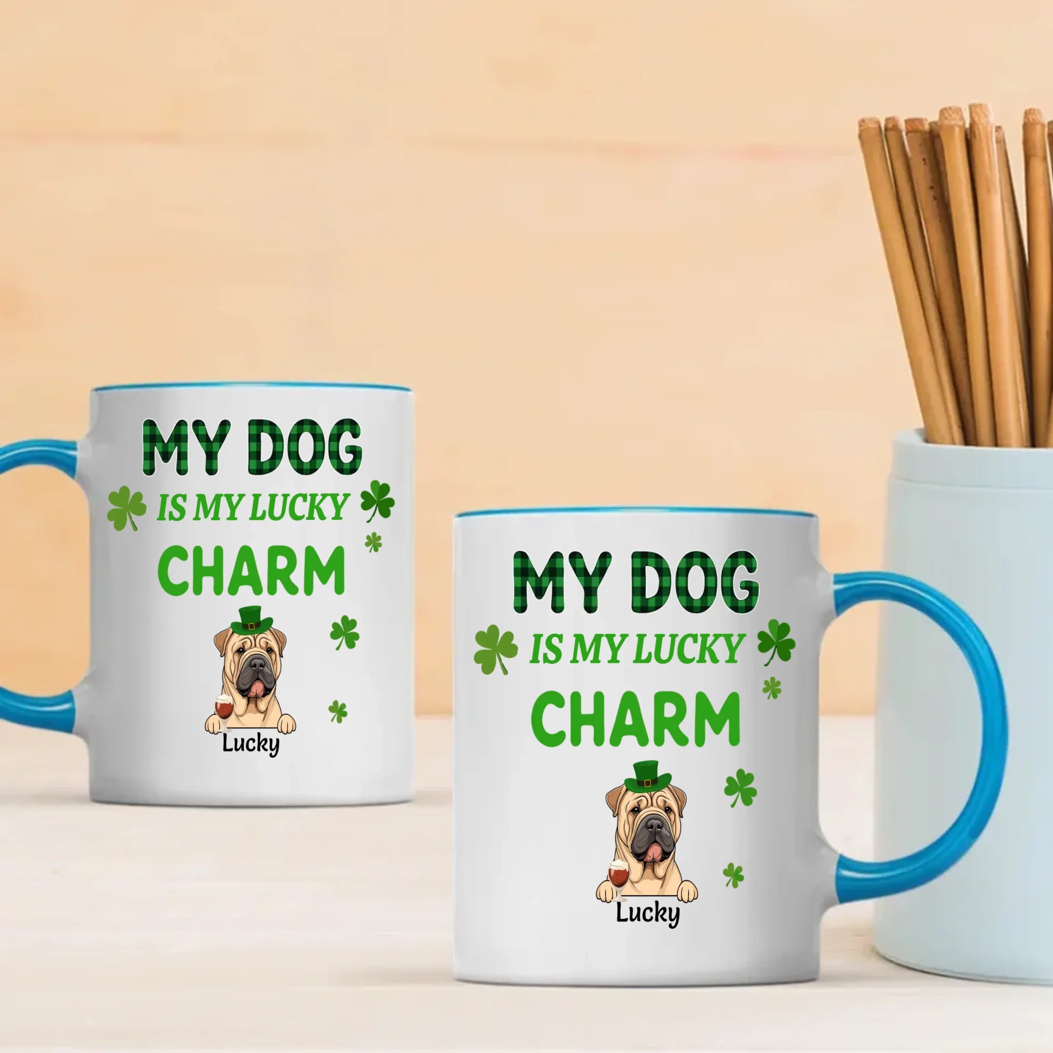 Happy Lucky Dog Mom Personalized Mug with Shamrocks for St. Patrick’s Day - 89Prints