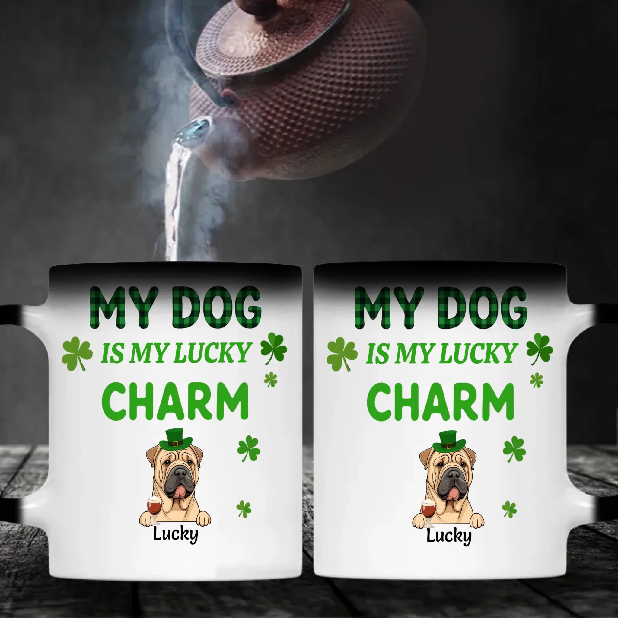 Happy Lucky Dog Mom Personalized Mug with Shamrocks for St. Patrick’s Day - 89Prints