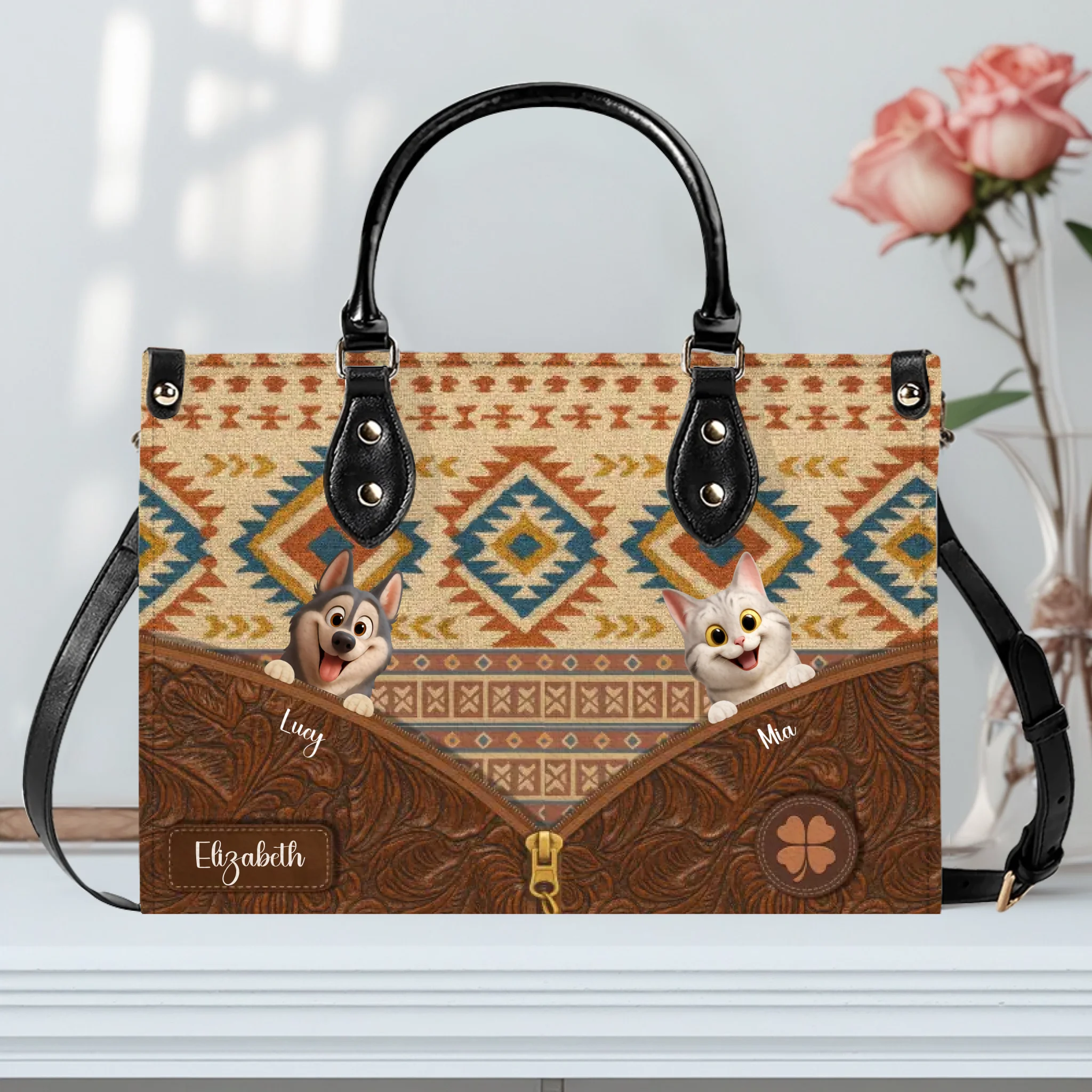 Personalised Mother's Day Handbag - Boho Tribal Geometric Pattern Dog Bag Gift for Dog Mom - 89Prints