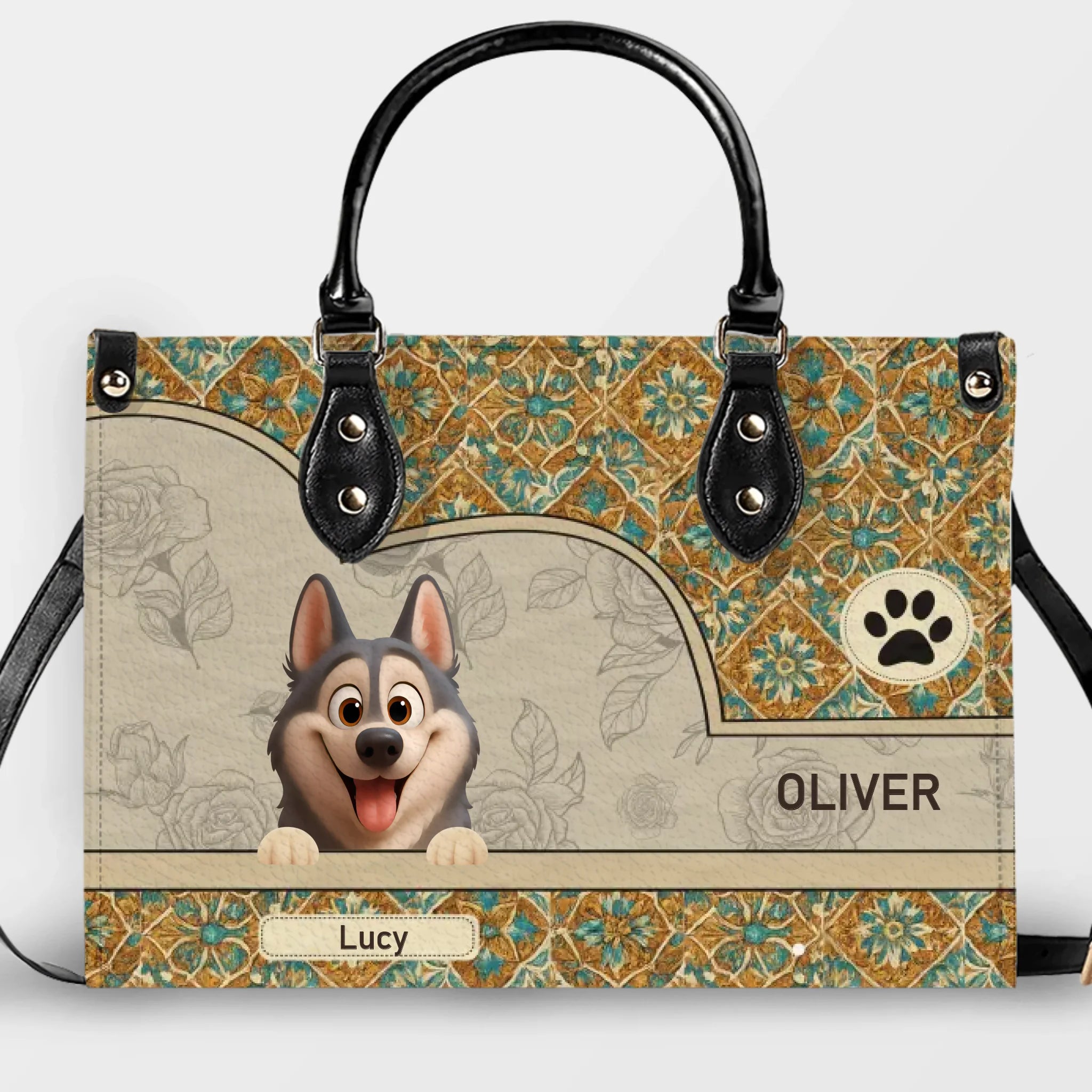 Signature Handbags For Mom - Vintage Floral Tile Pattern Dog Handbag Gift for Dog Lovers - 89Prints