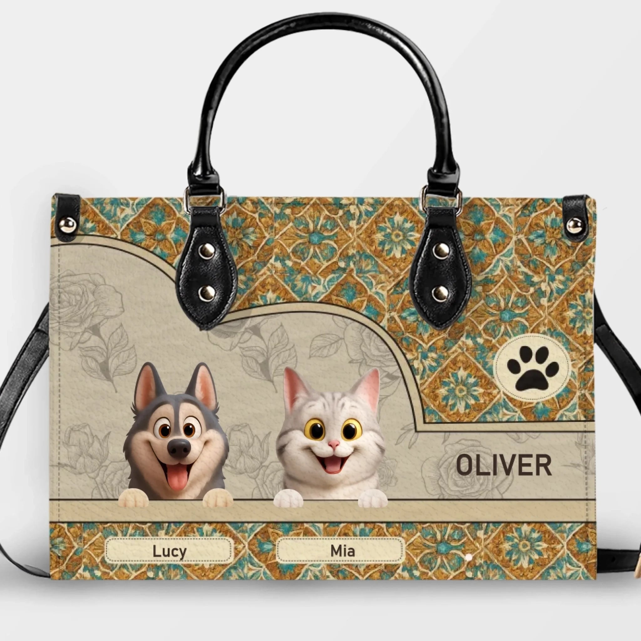 Signature Handbags For Mom - Vintage Floral Tile Pattern Dog Handbag Gift for Dog Lovers - 89Prints