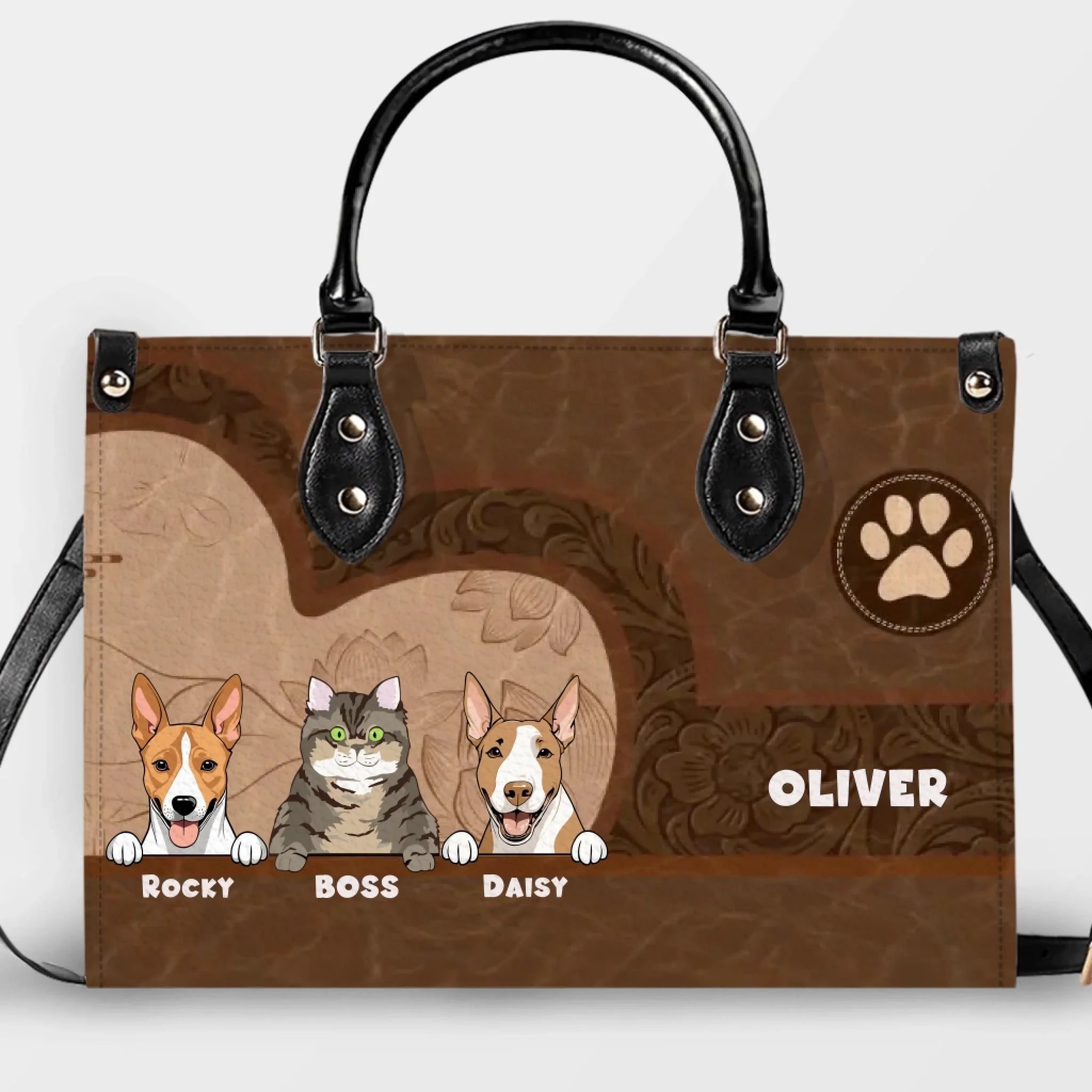 Unique Handbags For Mothers - Embossed Vintage Leather Floral Pattern Dog Handbag Gift for Dog Lovers - 89Prints