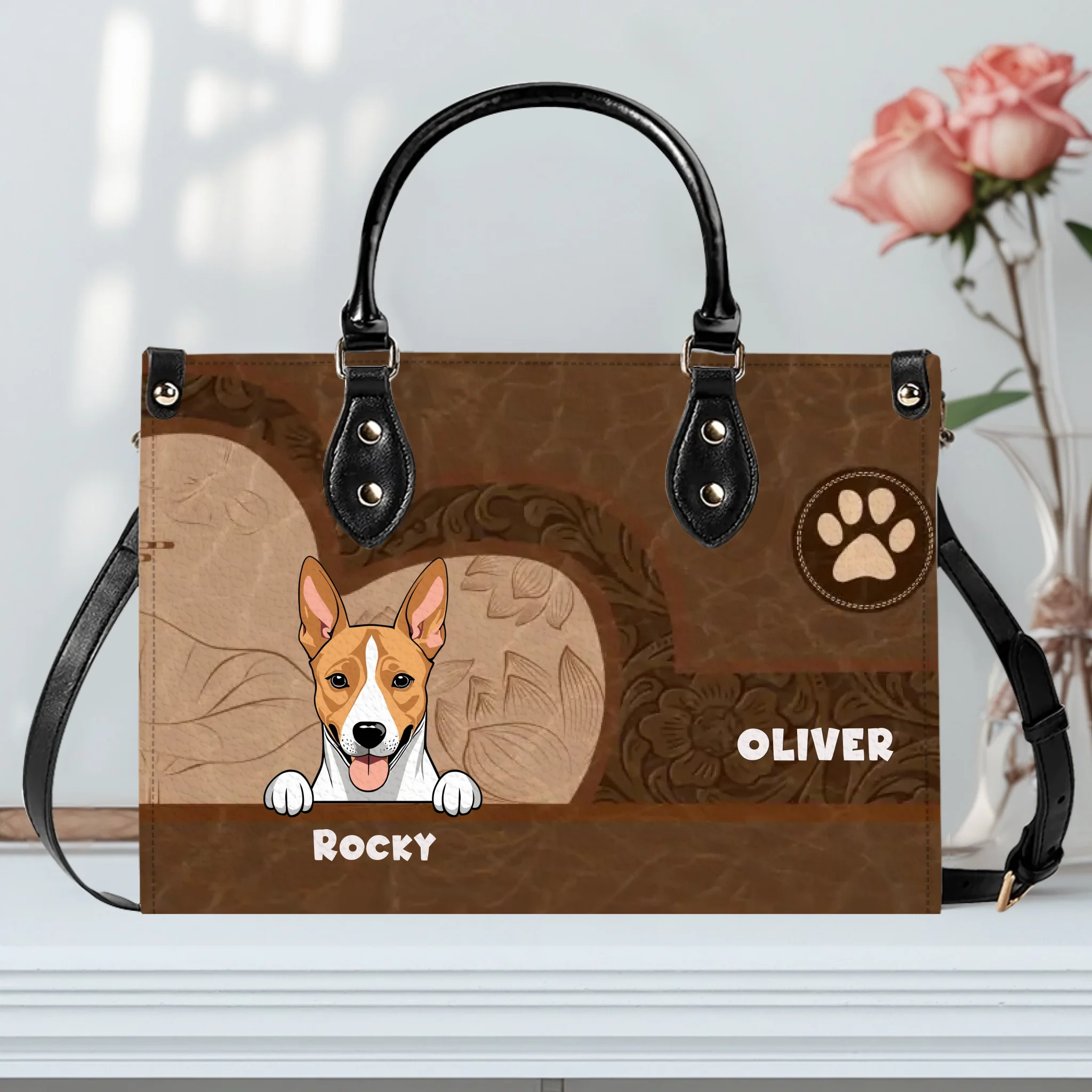 Unique Handbags For Mothers - Embossed Vintage Leather Floral Pattern Dog Handbag Gift for Dog Lovers - 89Prints