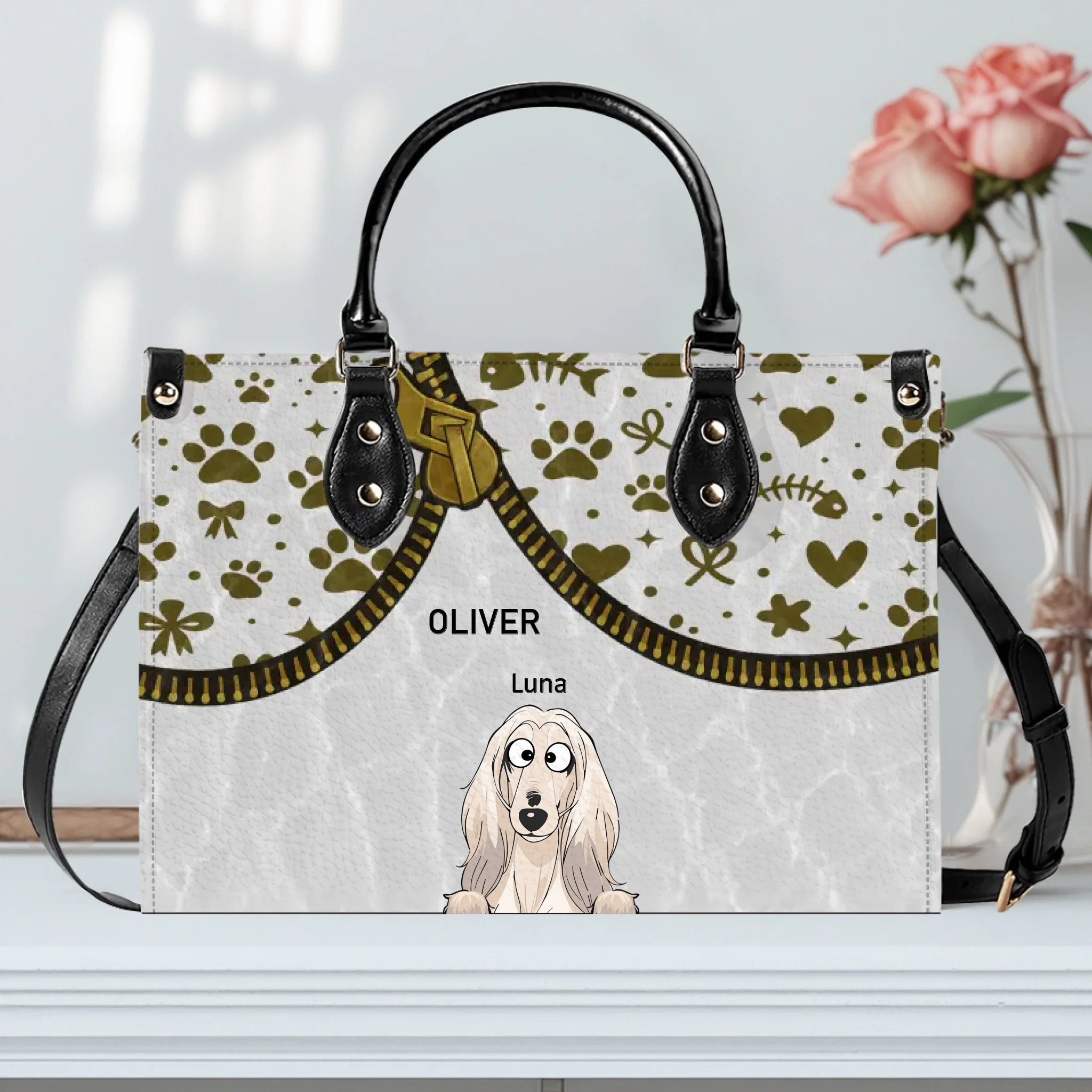 Personalized Bag For Dog Lovers - Zipper Illusion Paw & Heart Pattern Dog Handbag - 89Prints