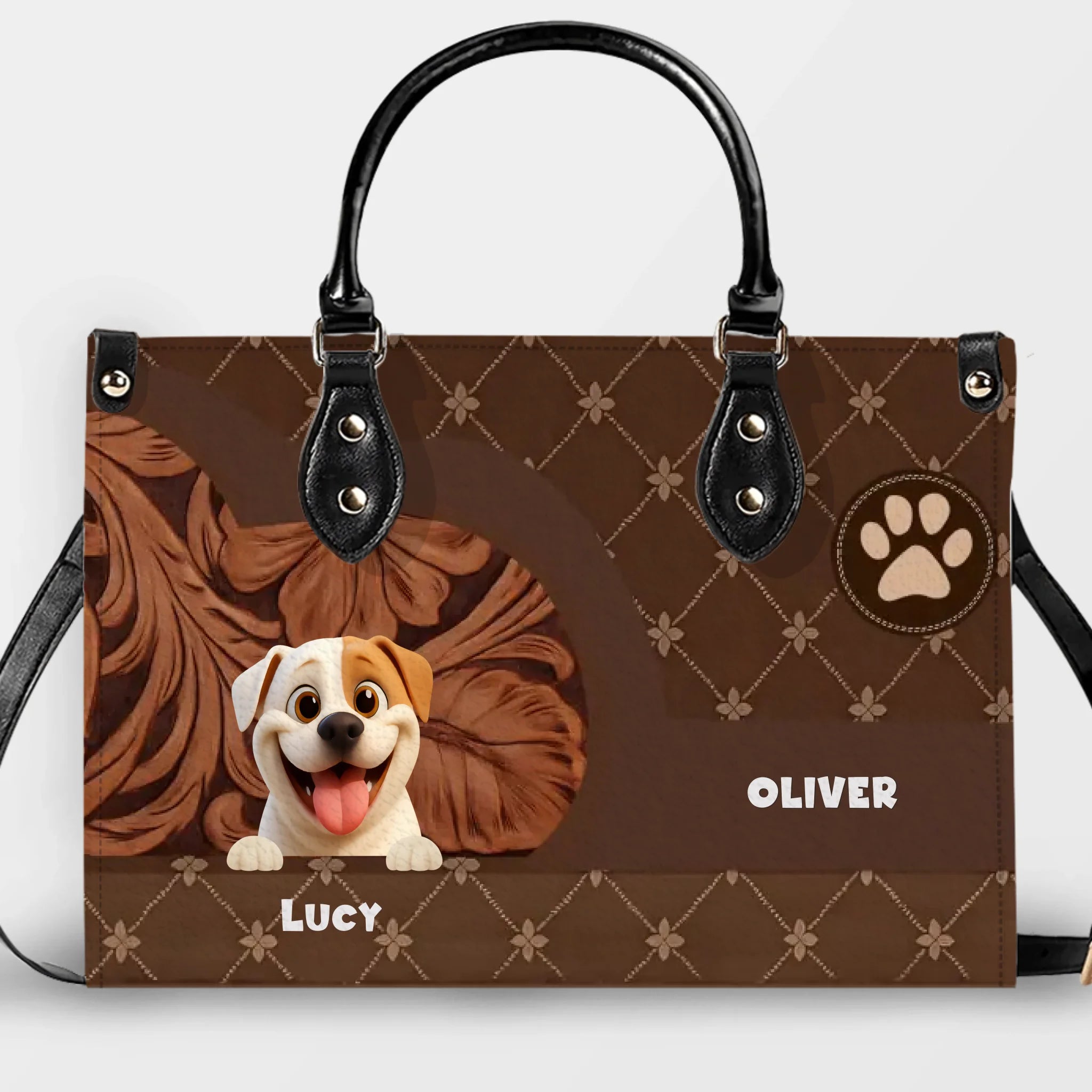 Personalized Handbags - Quilted Floral Carved Leather Dog Handbag for Dog Lovers - 89Prints