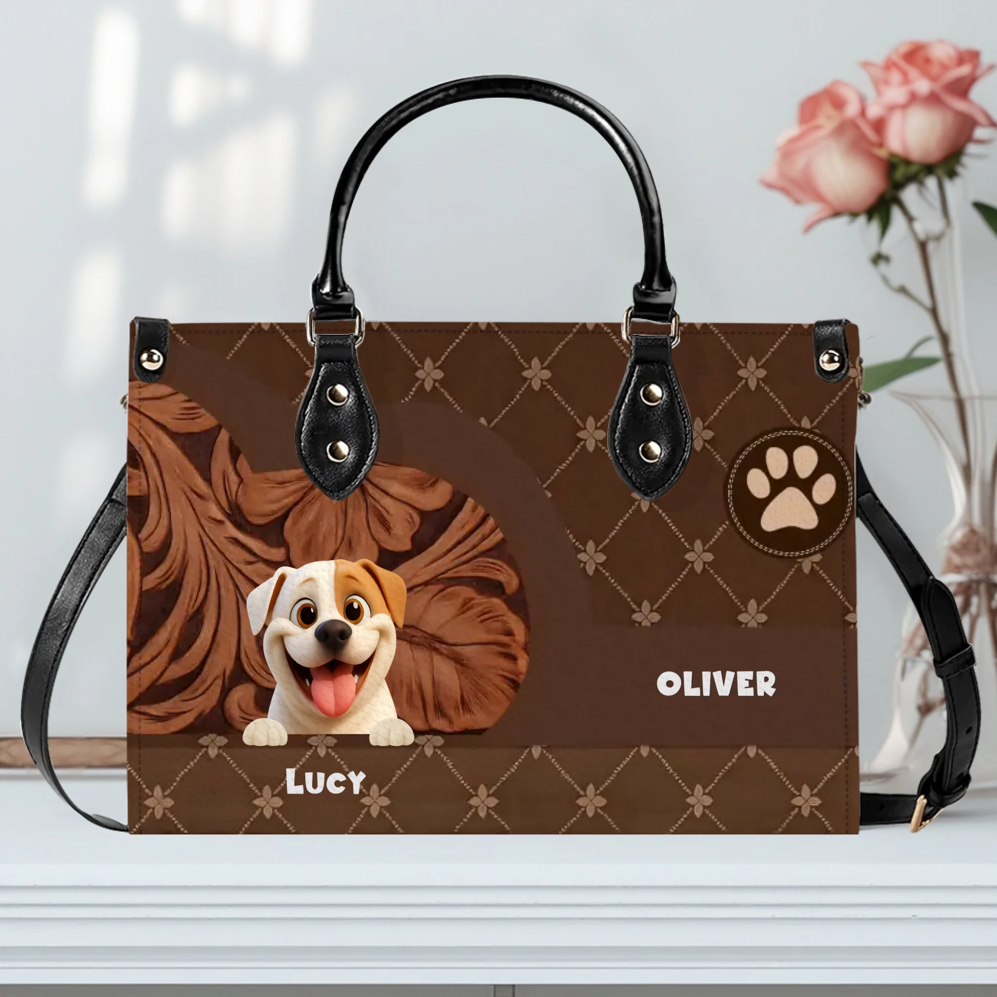 Personalized Handbags - Quilted Floral Carved Leather Dog Handbag for Dog Lovers - 89Prints