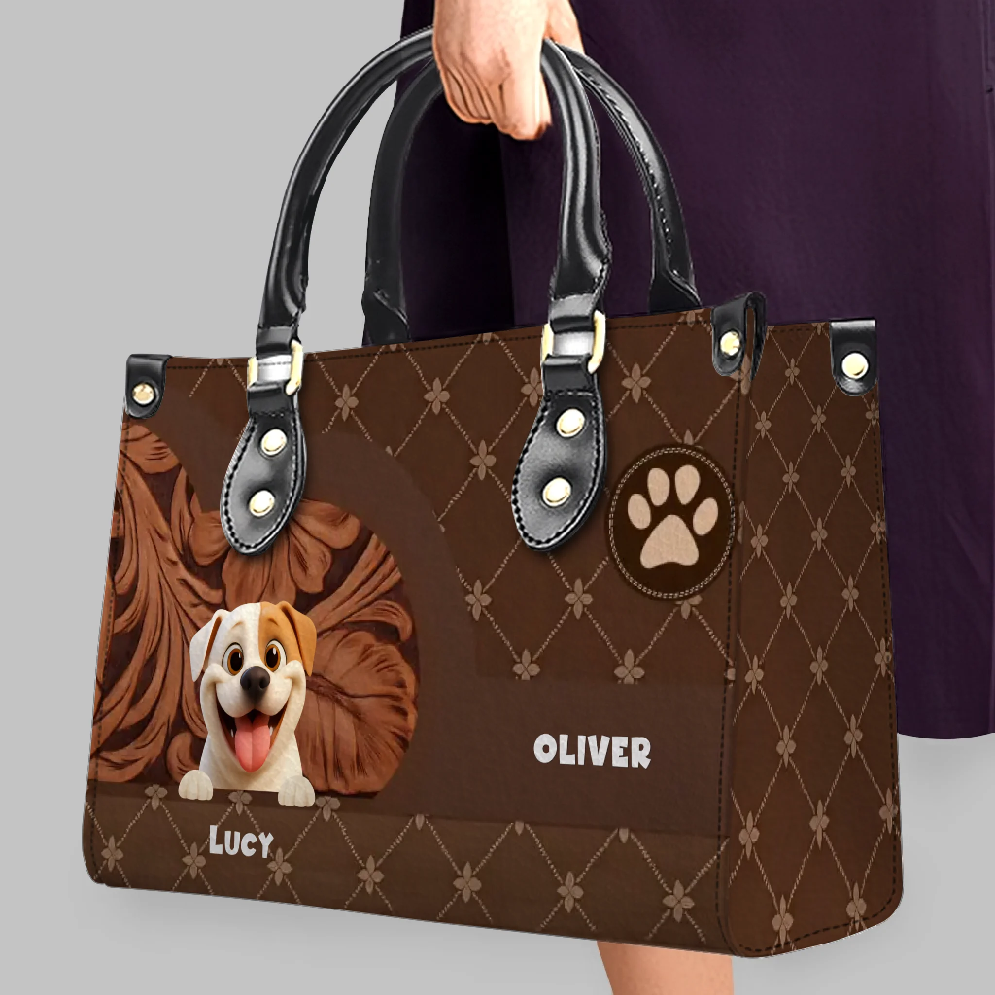 Personalized Handbags - Quilted Floral Carved Leather Dog Handbag for Dog Lovers - 89Prints
