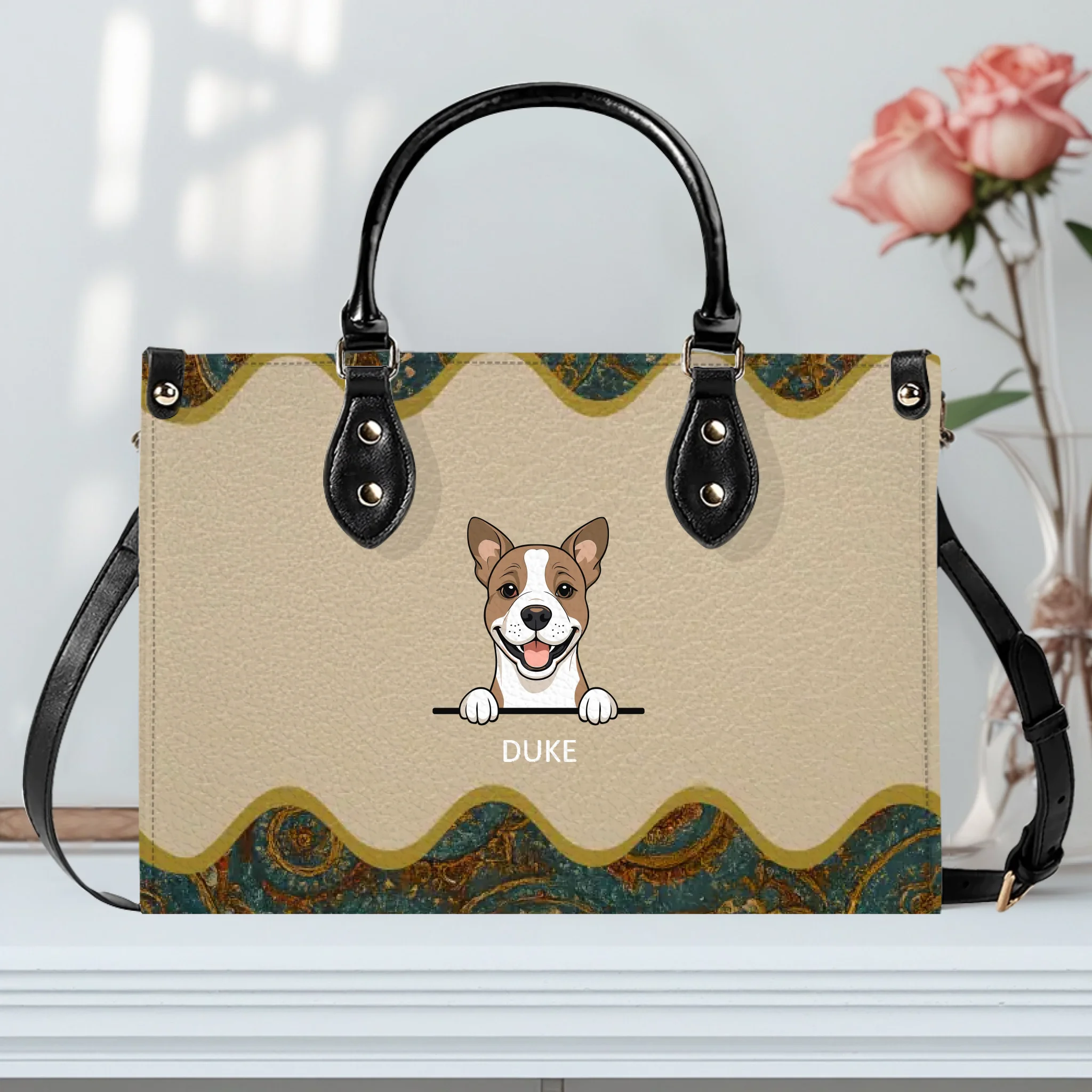 Custom Leather Handbag for Dog Lovers - Vintage Ornamental Wave Dog Handbag – 89Prints