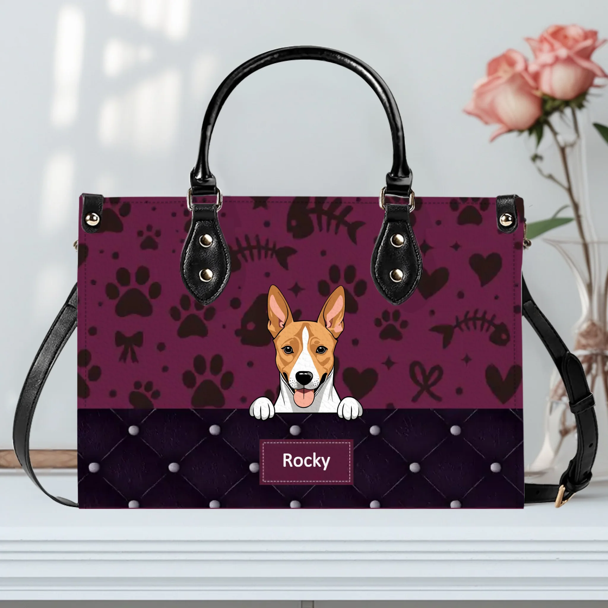 Custom Dog Lovers Leather Handbag With Dog Art  - Cute Paw Print Pet Handbag - 89Prints