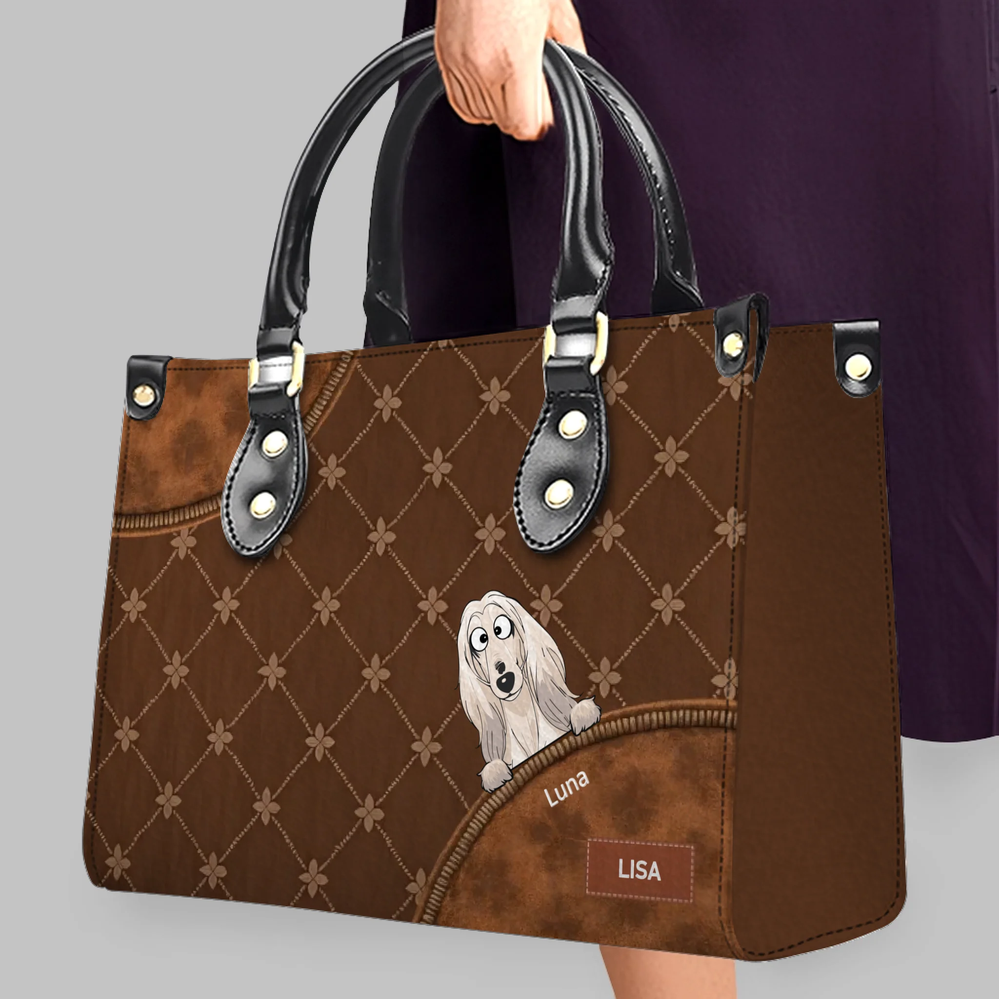 Custom Dog Mom Handbag - Quilted Leather Dogs Peeking Handbag for Dog Sitters - 89Prints