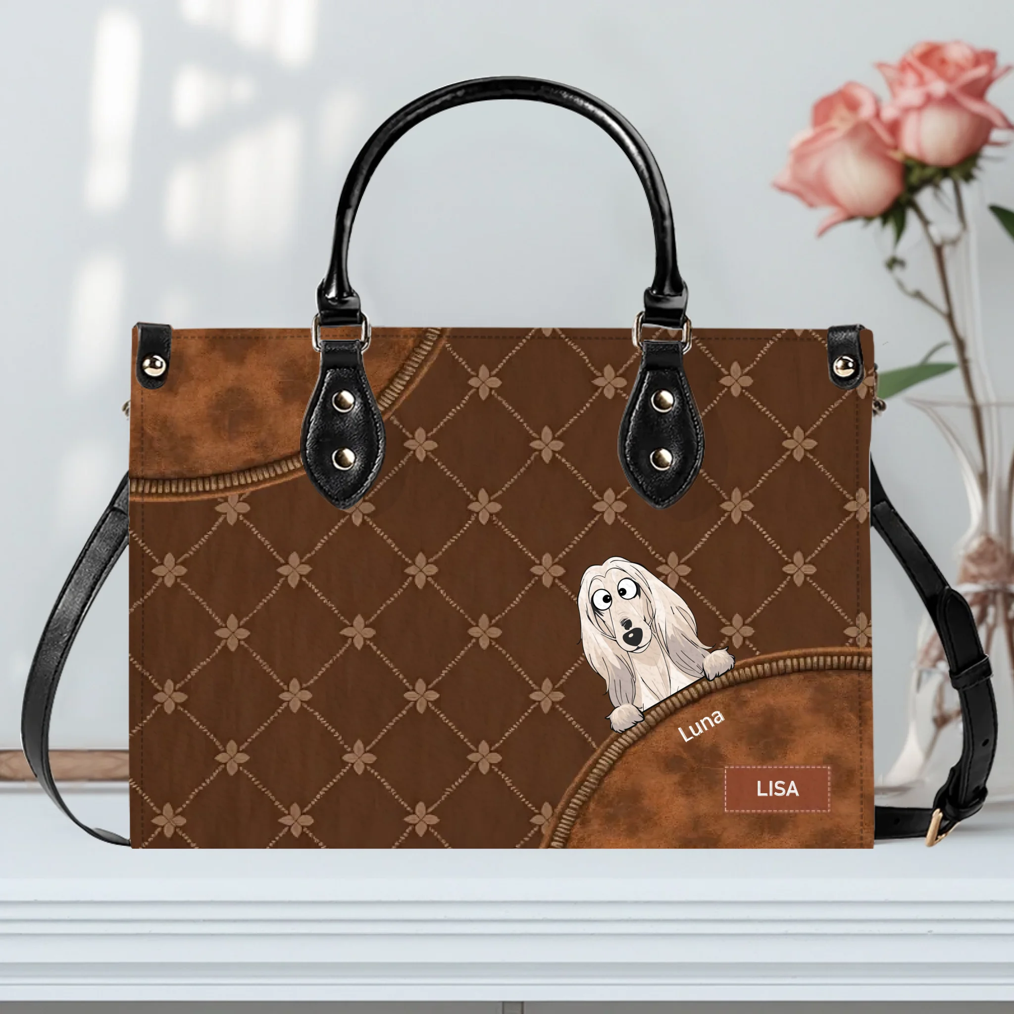 Custom Dog Mom Handbag - Quilted Leather Dogs Peeking Handbag for Dog Sitters - 89Prints
