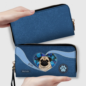 Custom Pug Wallet Present - Floral Heart Design With Name & Paw Print | 89Prints