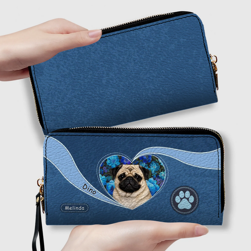 Custom Pug Wallet Present - Floral Heart Design With Name & Paw Print | 89Prints