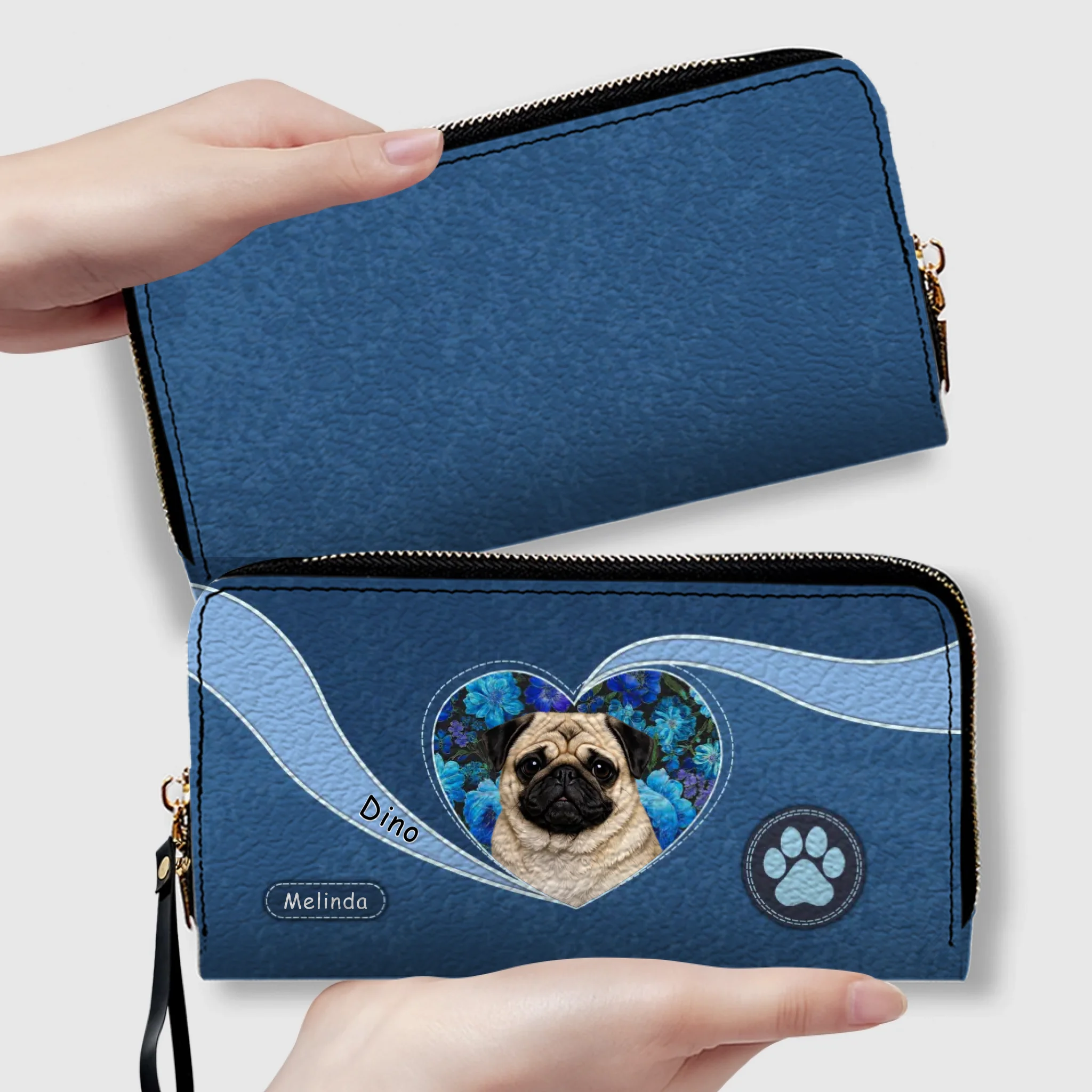 Custom Pug Wallet Present - Floral Heart Design With Name & Paw Print | 89Prints