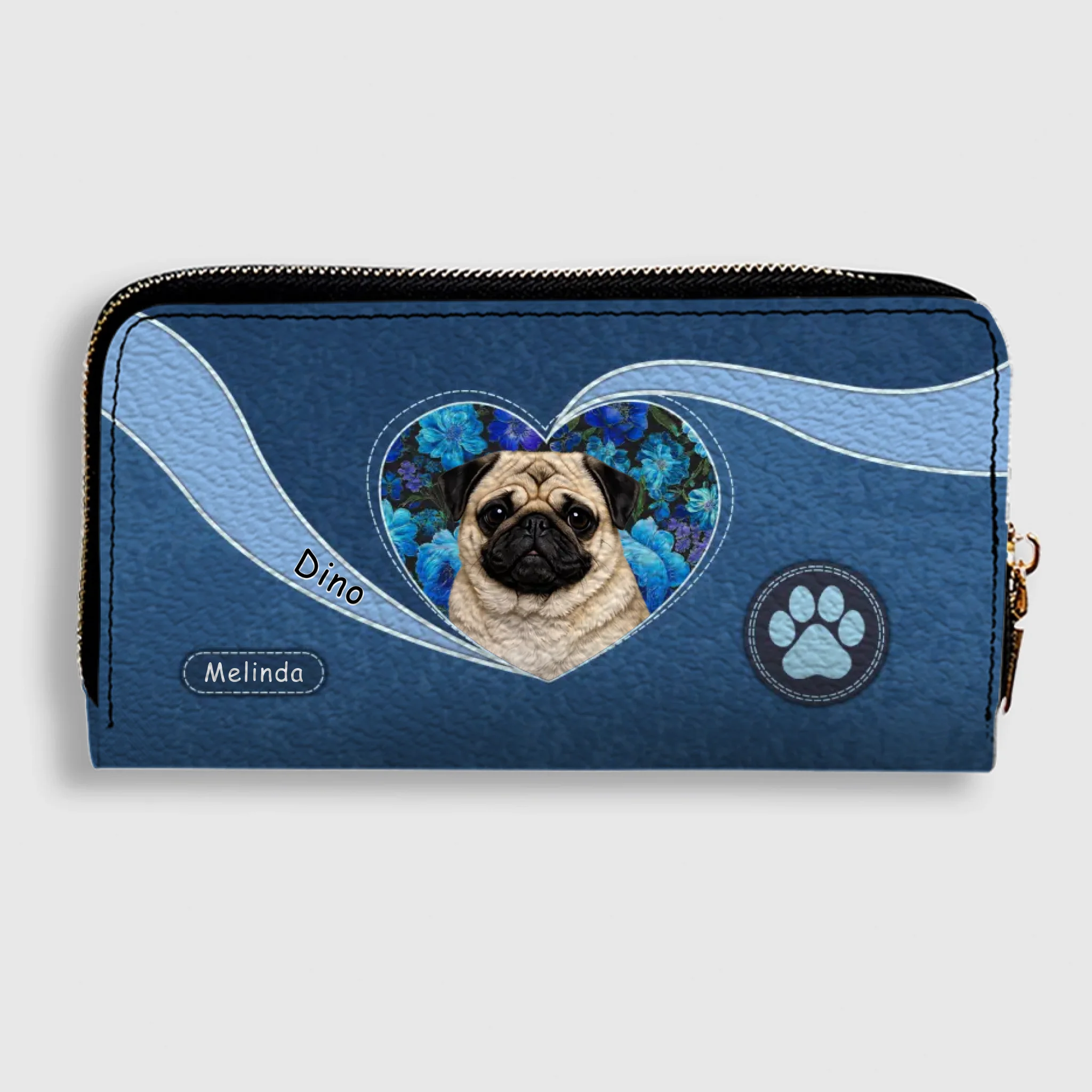 Custom Pug Wallet Present - Floral Heart Design With Name & Paw Print | 89Prints