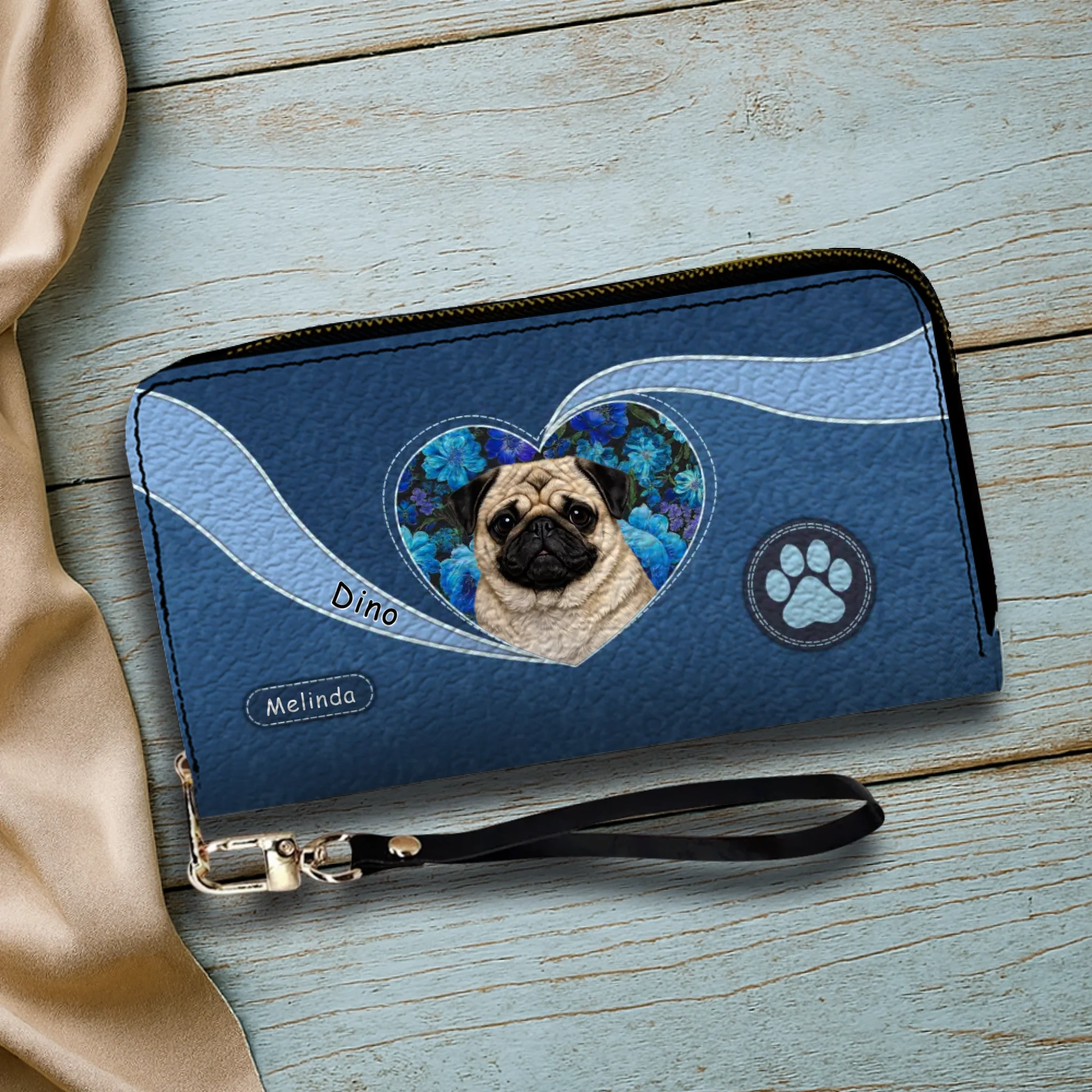Custom Pug Wallet Present - Floral Heart Design With Name & Paw Print | 89Prints