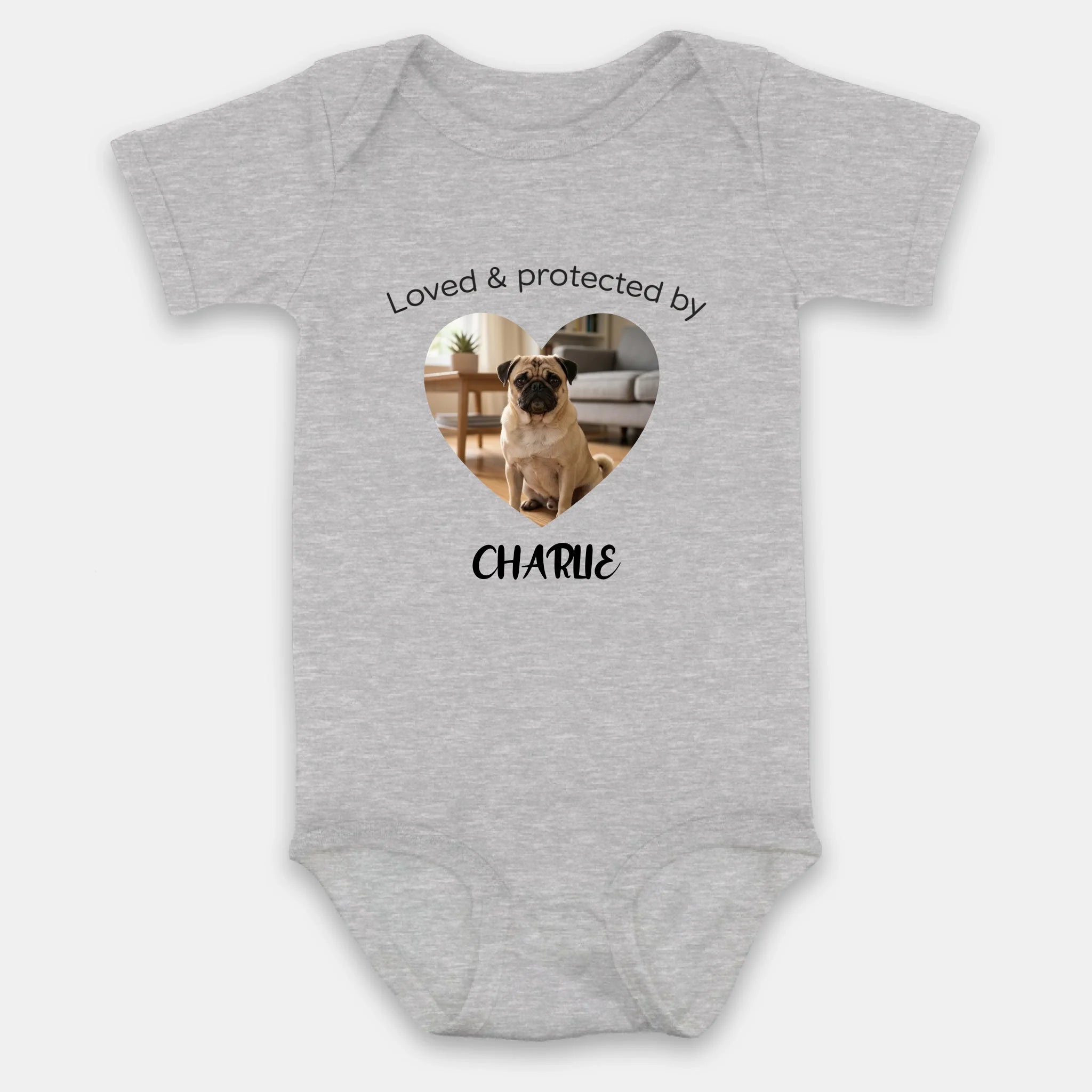 Personalized Pug Baby Onesie Gift - Loved & Protected By My Dog | 89Prints