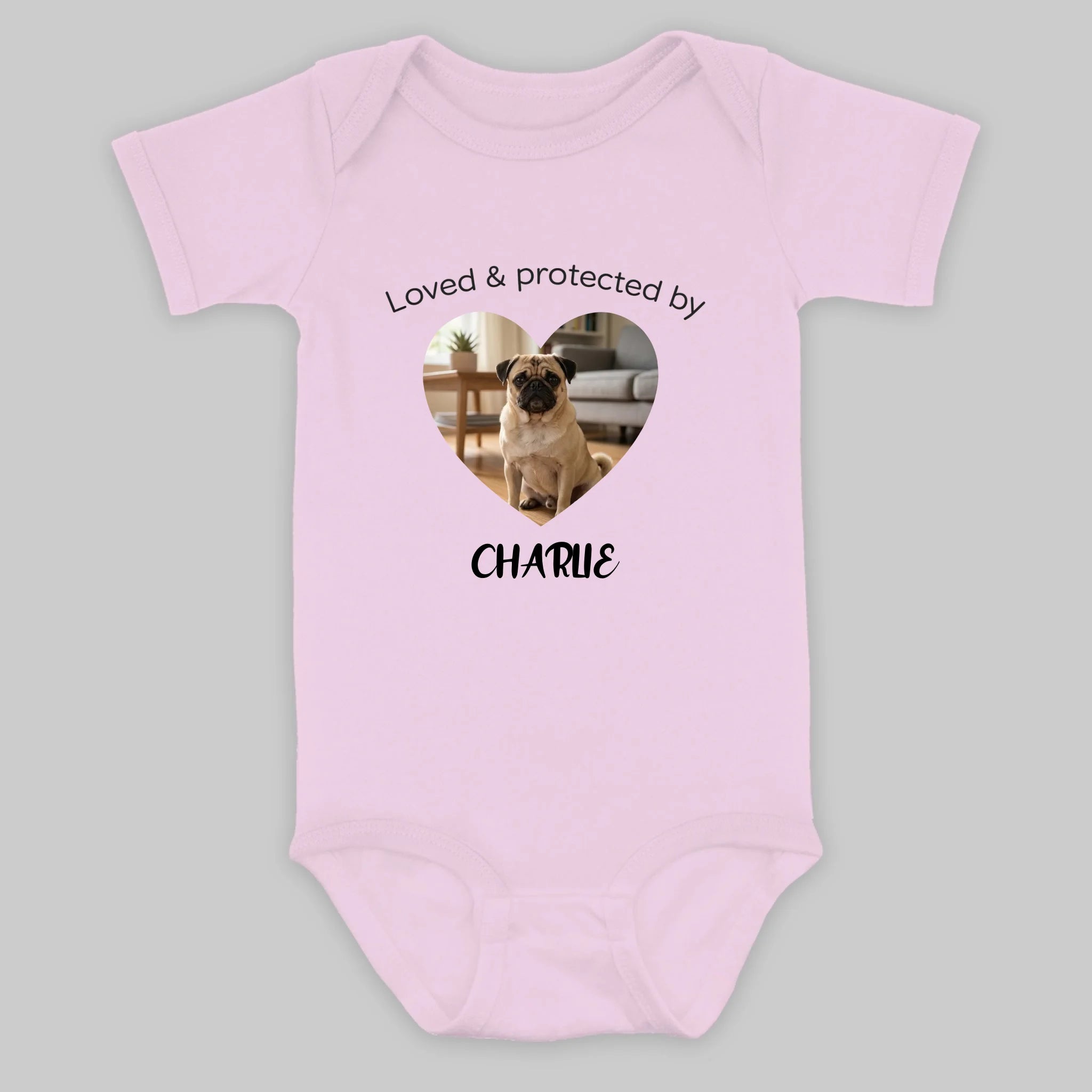 Personalized Pug Baby Onesie Gift - Loved & Protected By My Dog | 89Prints