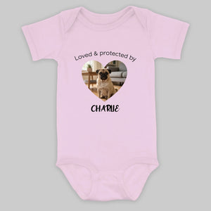 Personalized Pug Baby Onesie Gift - Loved & Protected By My Dog | 89Prints