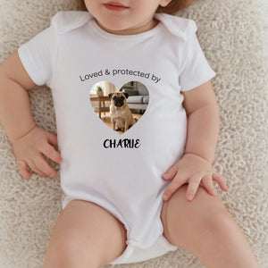 Personalized Pug Baby Onesie Gift - Loved & Protected By My Dog | 89Prints